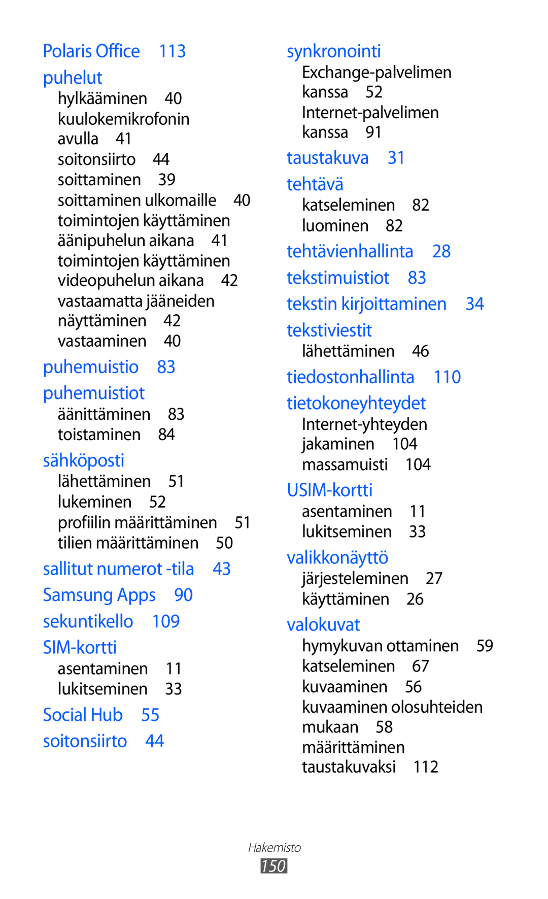 Samsung GT-S8600HKANEE manual Puhemuistio 83 puhemuistiot 