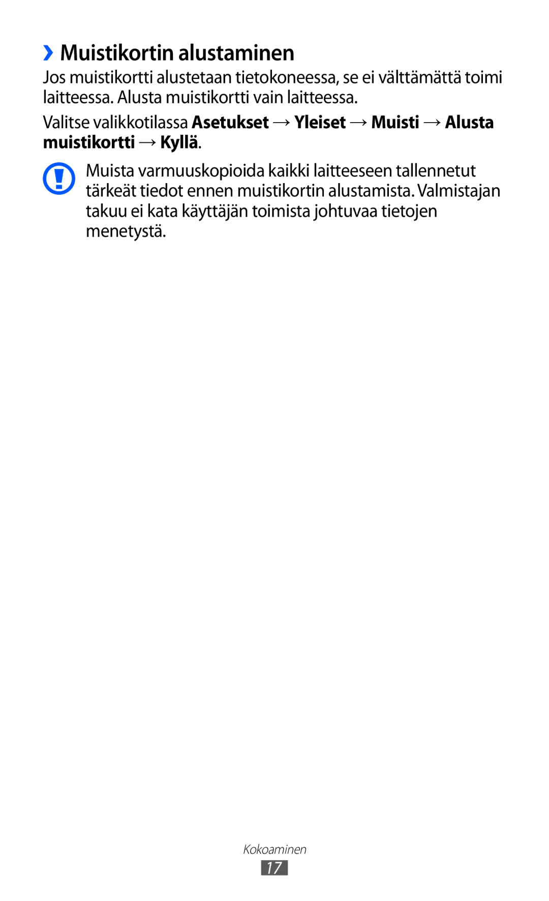 Samsung GT-S8600HKANEE manual ››Muistikortin alustaminen 