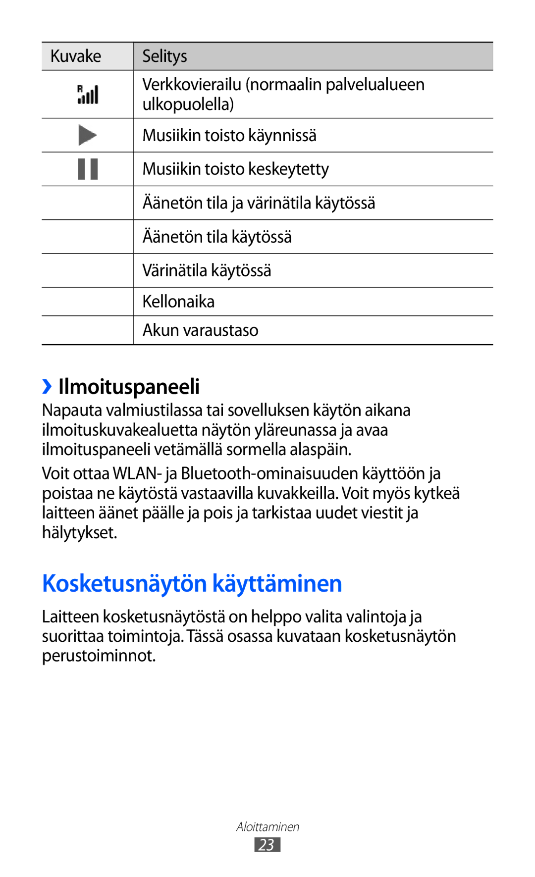 Samsung GT-S8600HKANEE manual Kosketusnäytön käyttäminen, ››Ilmoituspaneeli 