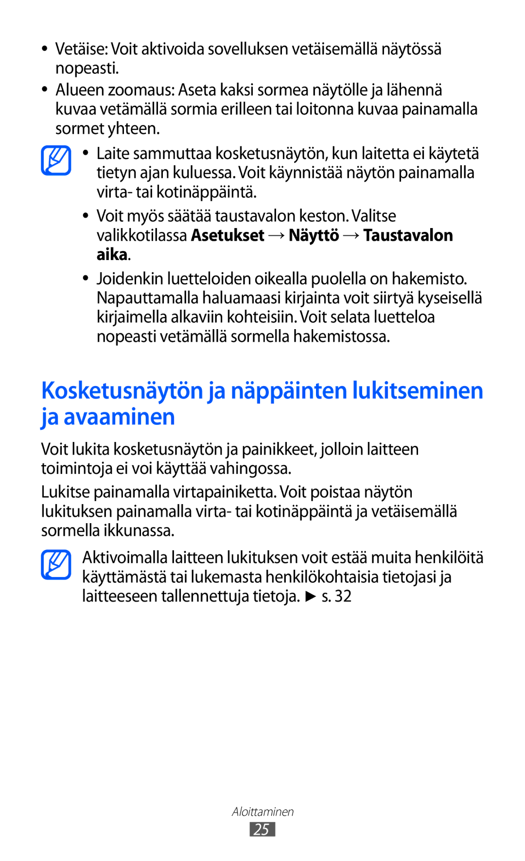 Samsung GT-S8600HKANEE manual Kosketusnäytön ja näppäinten lukitseminen ja avaaminen 