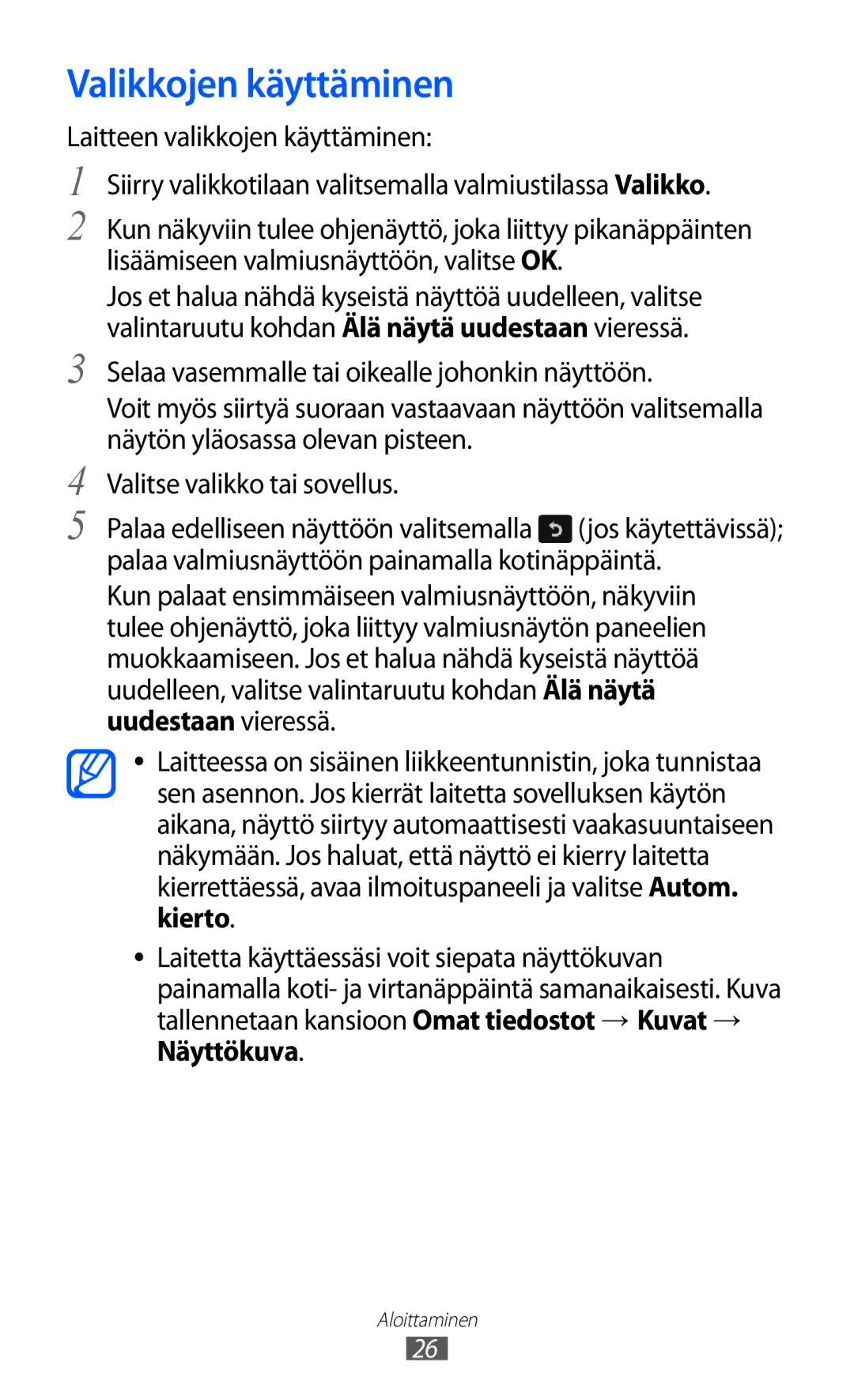 Samsung GT-S8600HKANEE manual Valikkojen käyttäminen 