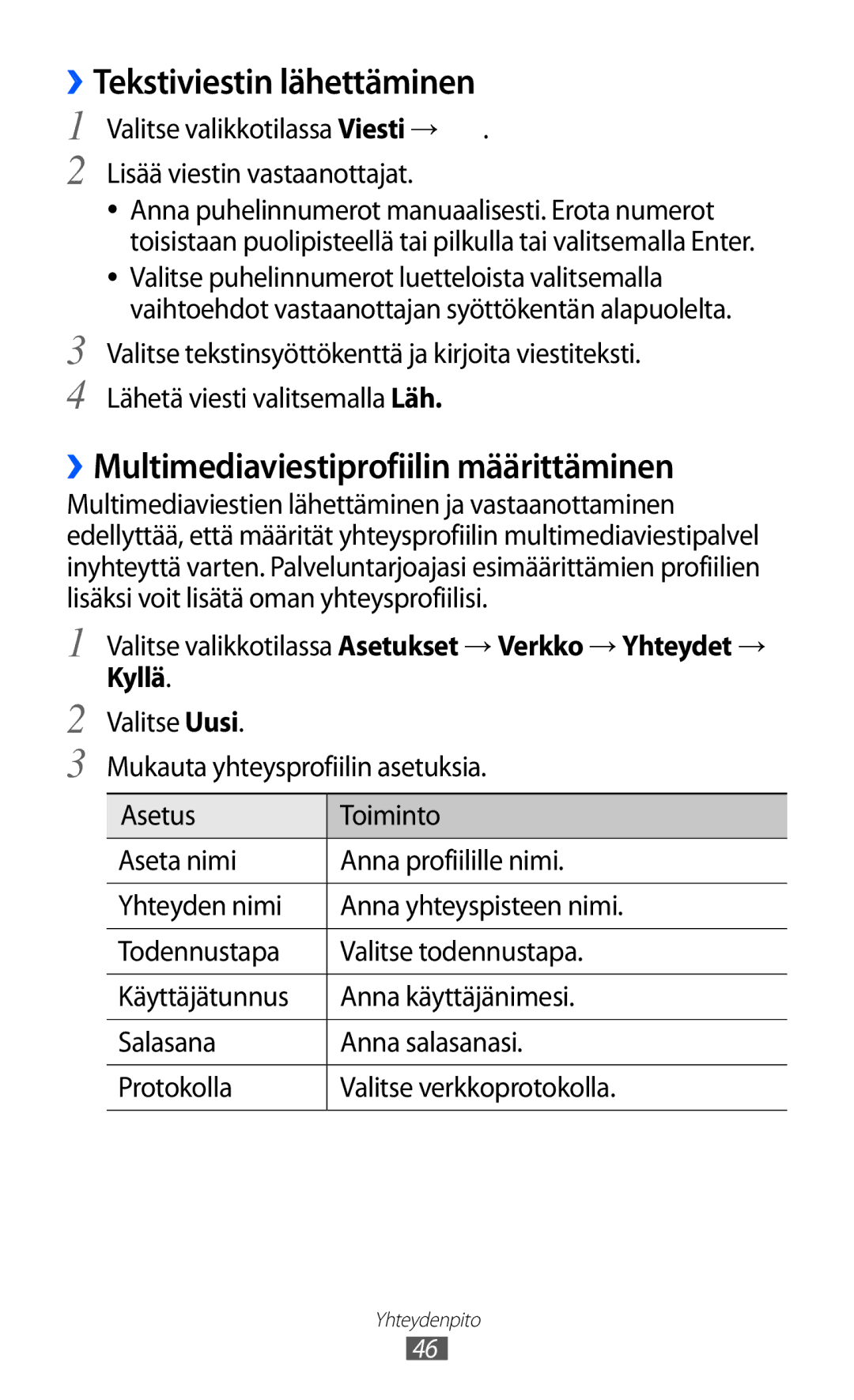 Samsung GT-S8600HKANEE manual ››Tekstiviestin lähettäminen, ››Multimediaviestiprofiilin määrittäminen 