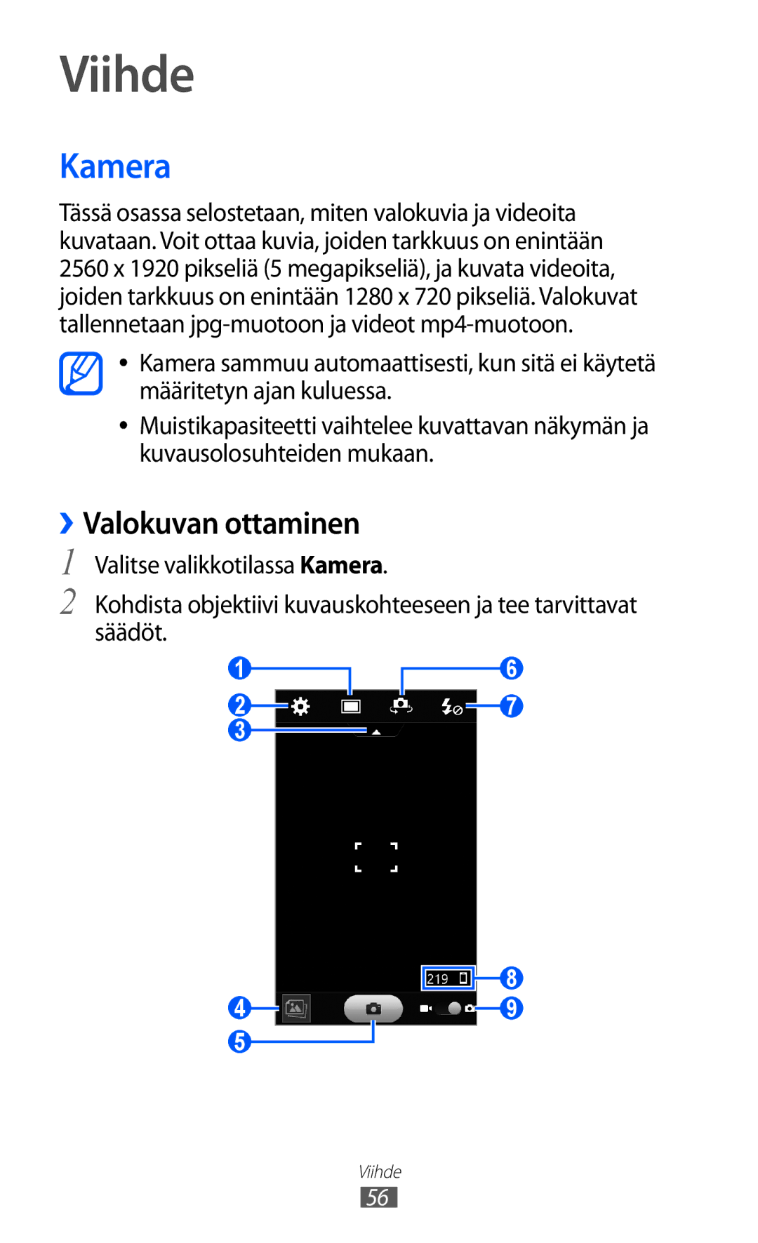 Samsung GT-S8600HKANEE manual Viihde, Kamera, ››Valokuvan ottaminen 