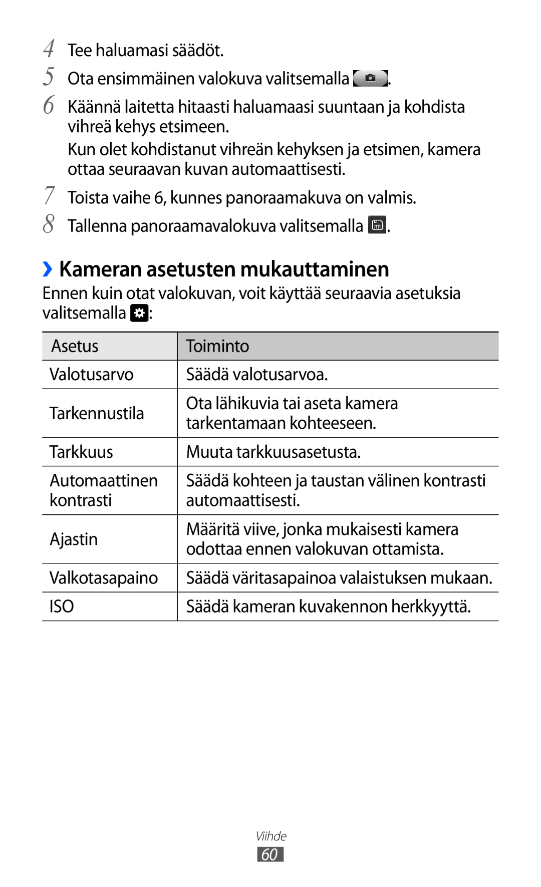 Samsung GT-S8600HKANEE manual ››Kameran asetusten mukauttaminen, Iso 