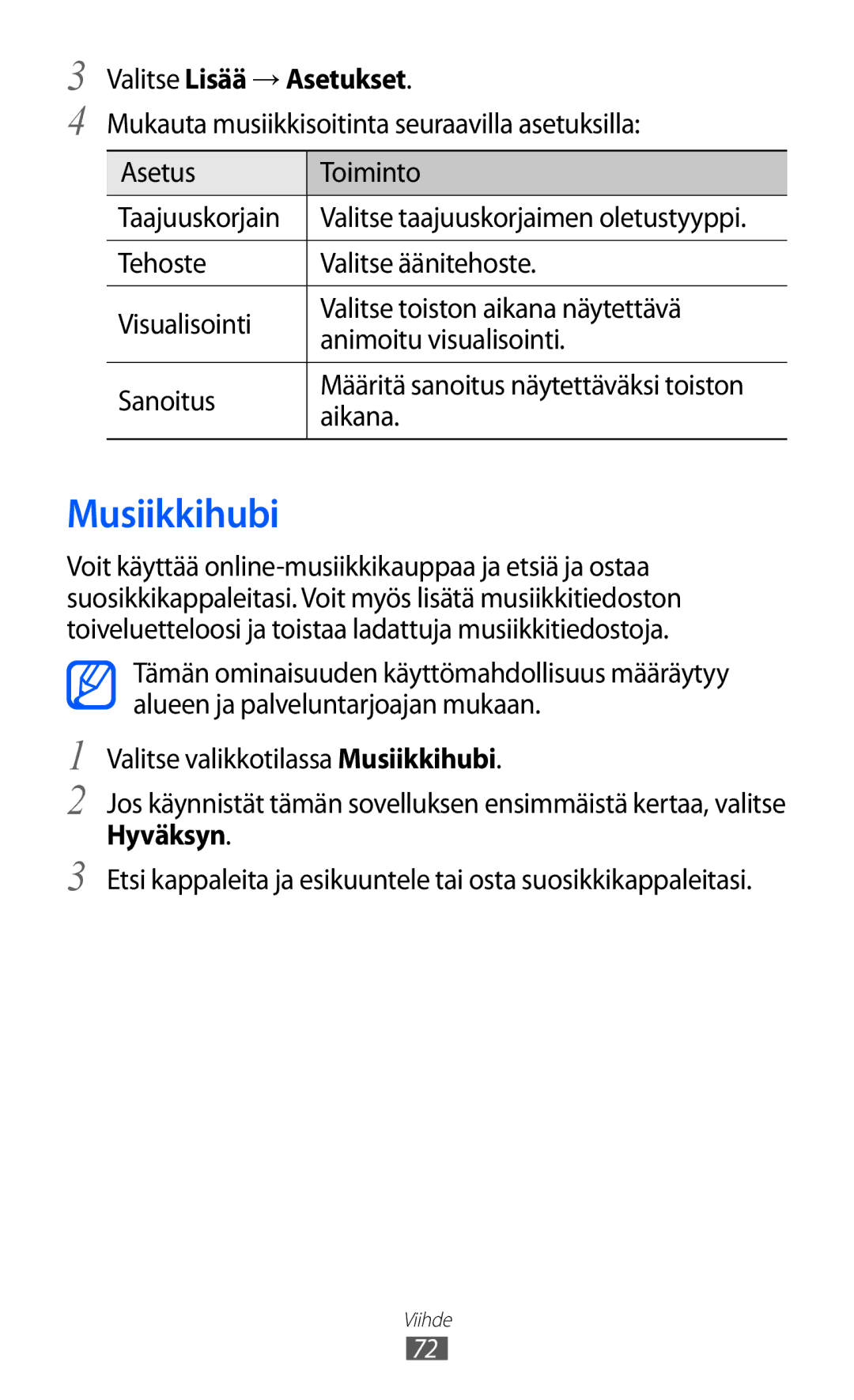 Samsung GT-S8600HKANEE manual Musiikkihubi, Valitse Lisää → Asetukset, Aikana 