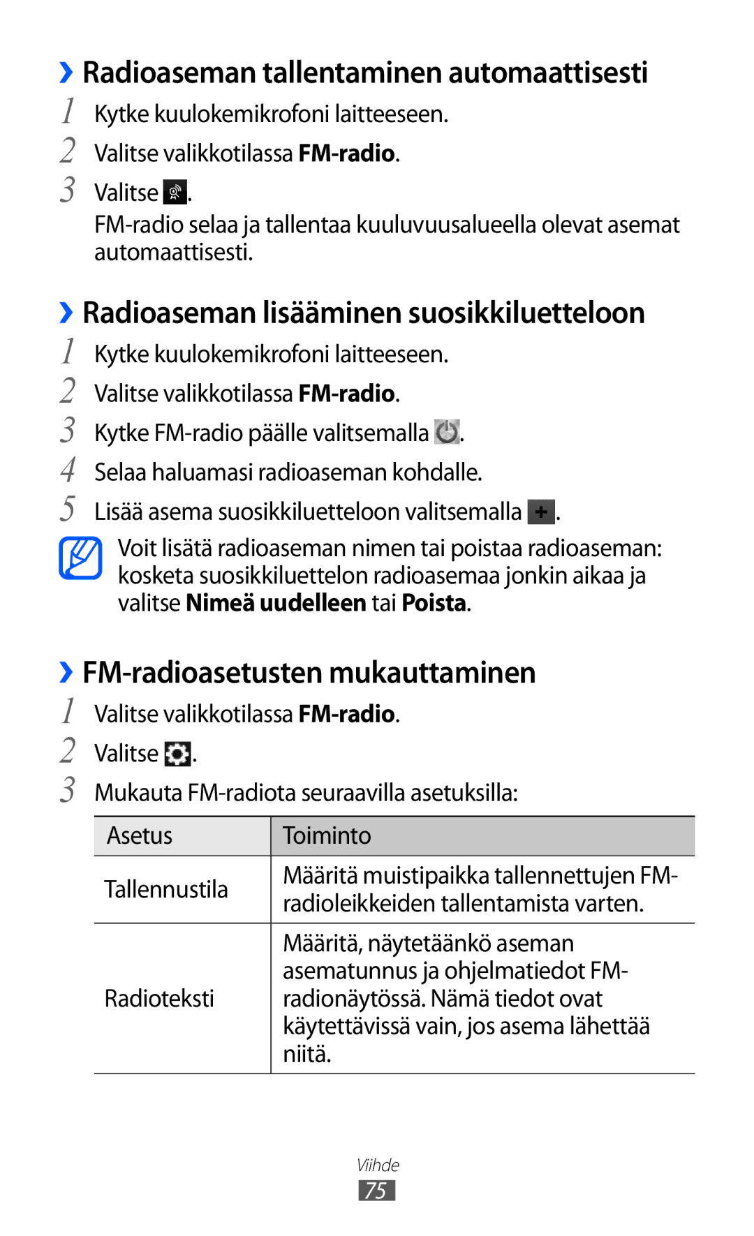 Samsung GT-S8600HKANEE manual ››FM-radioasetusten mukauttaminen 