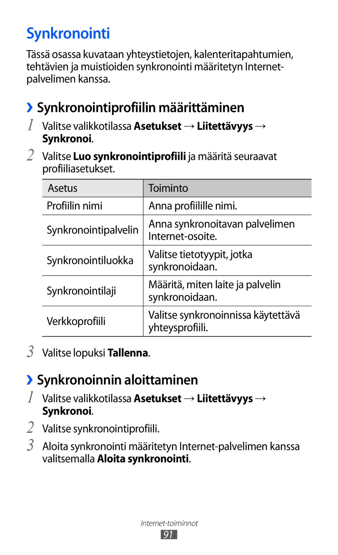 Samsung GT-S8600HKANEE manual ››Synkronointiprofiilin määrittäminen, ››Synkronoinnin aloittaminen 