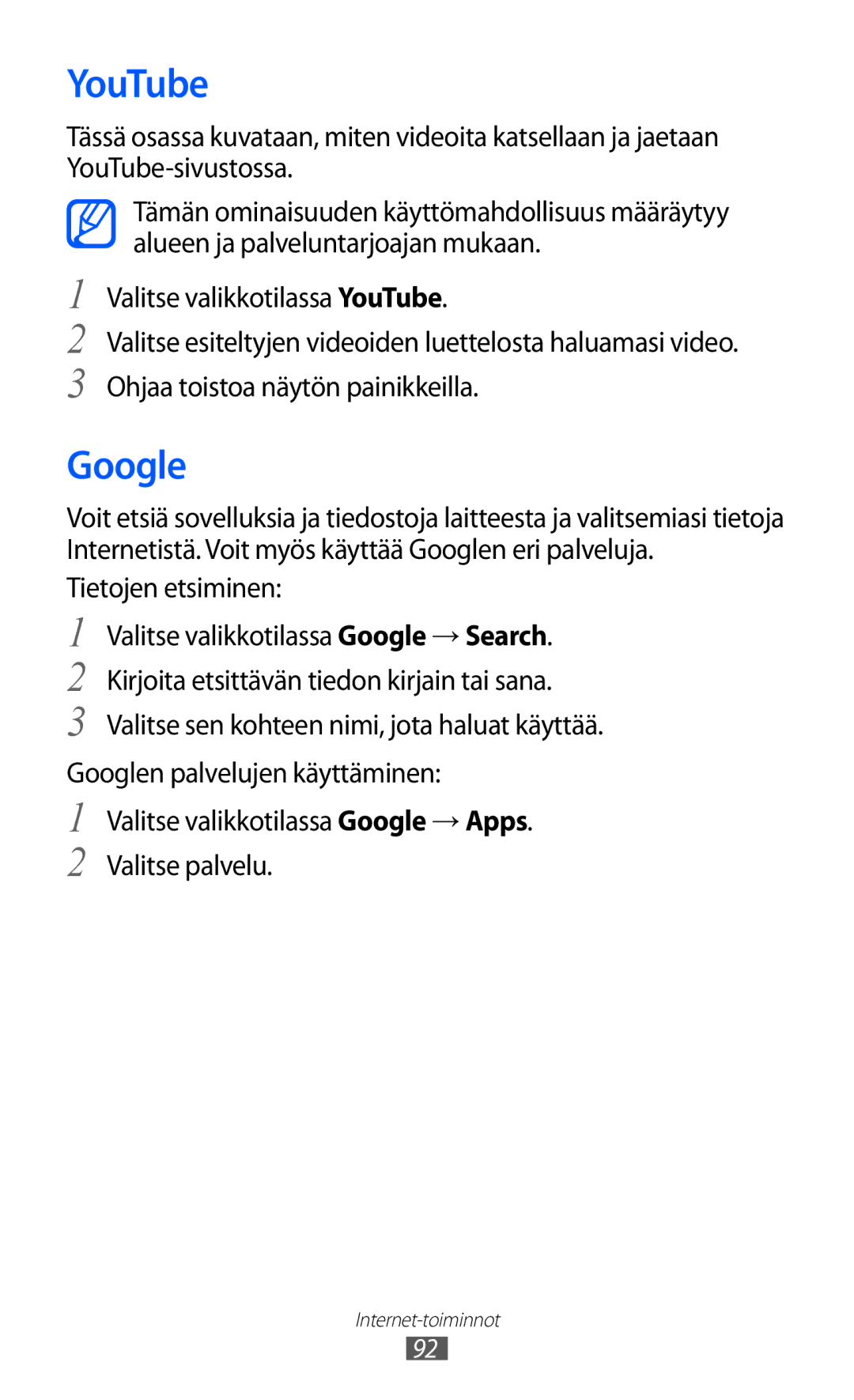 Samsung GT-S8600HKANEE manual YouTube, Google, Tietojen etsiminen 