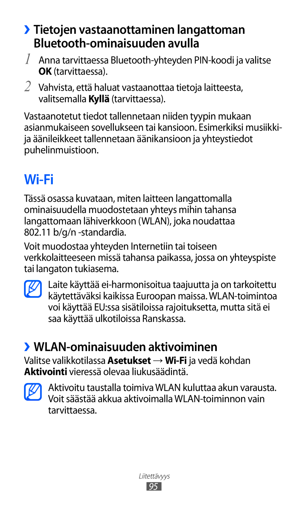 Samsung GT-S8600HKANEE manual Wi-Fi, ››WLAN-ominaisuuden aktivoiminen 