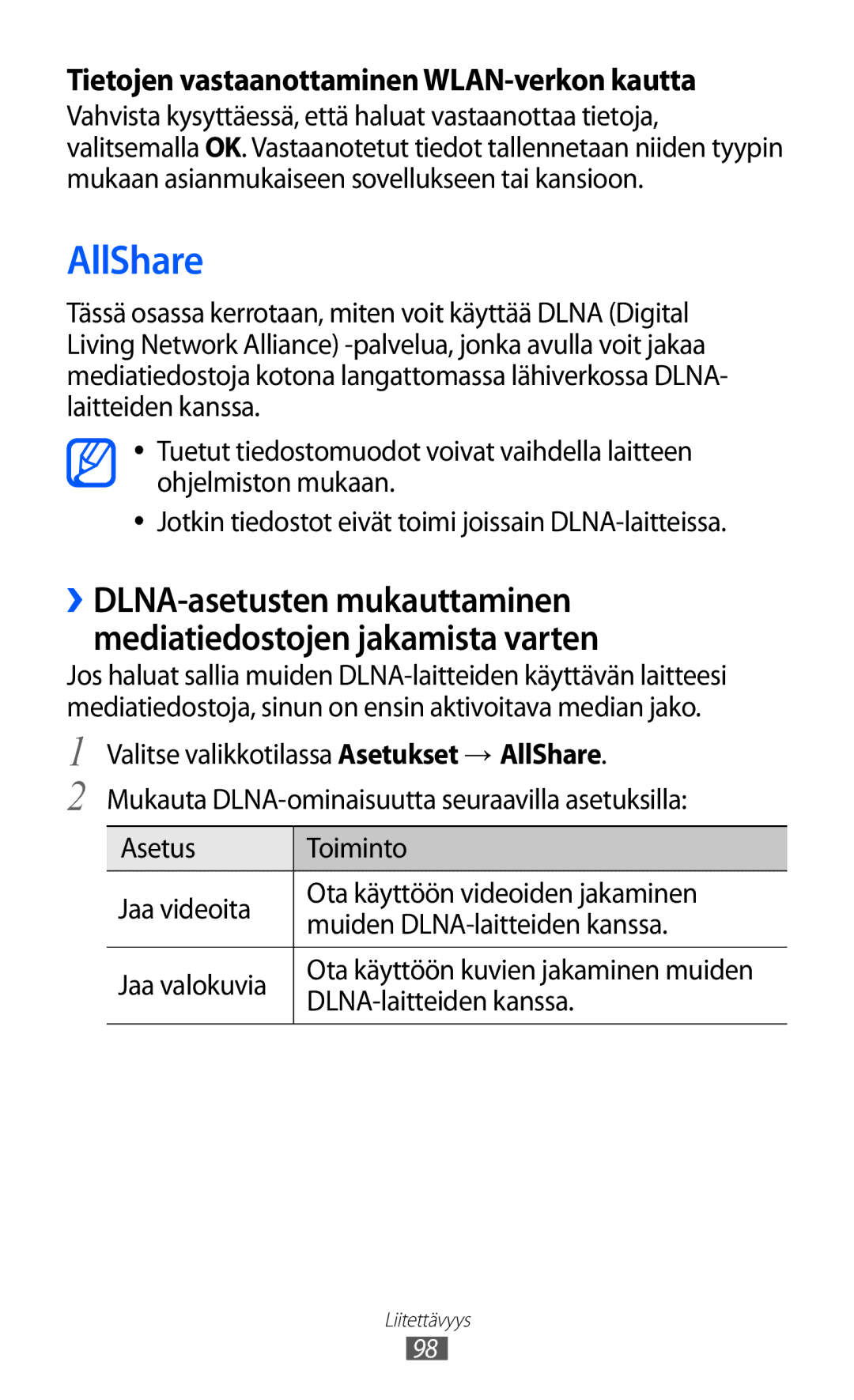 Samsung GT-S8600HKANEE manual AllShare, DLNA-laitteiden kanssa 