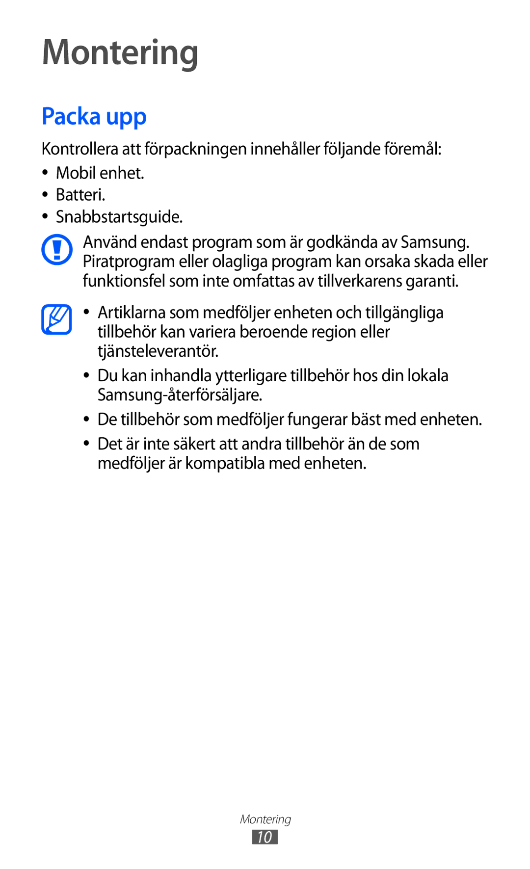 Samsung GT-S8600HKANEE manual Montering, Packa upp 