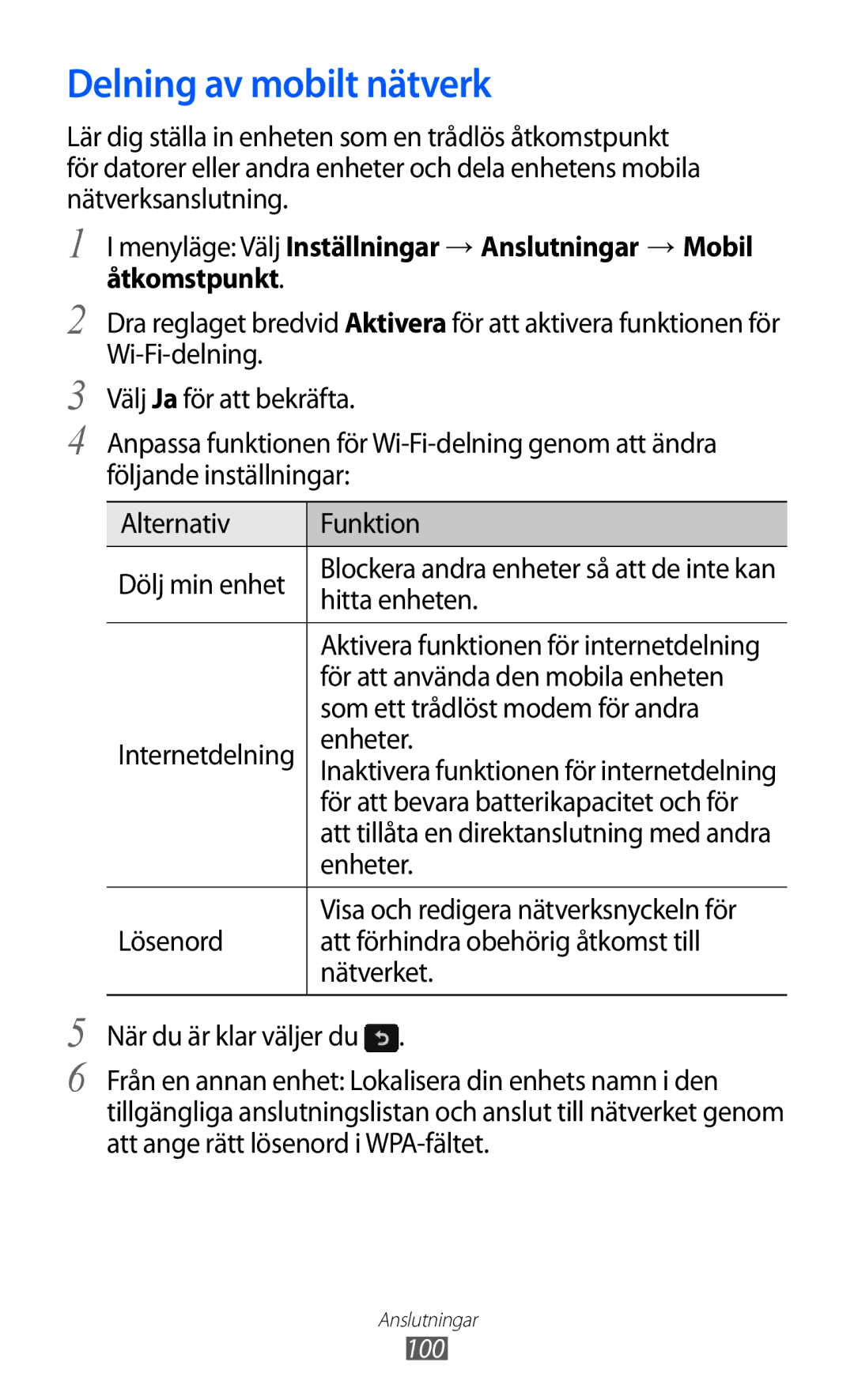 Samsung GT-S8600HKANEE manual Delning av mobilt nätverk, Hitta enheten, För att använda den mobila enheten 