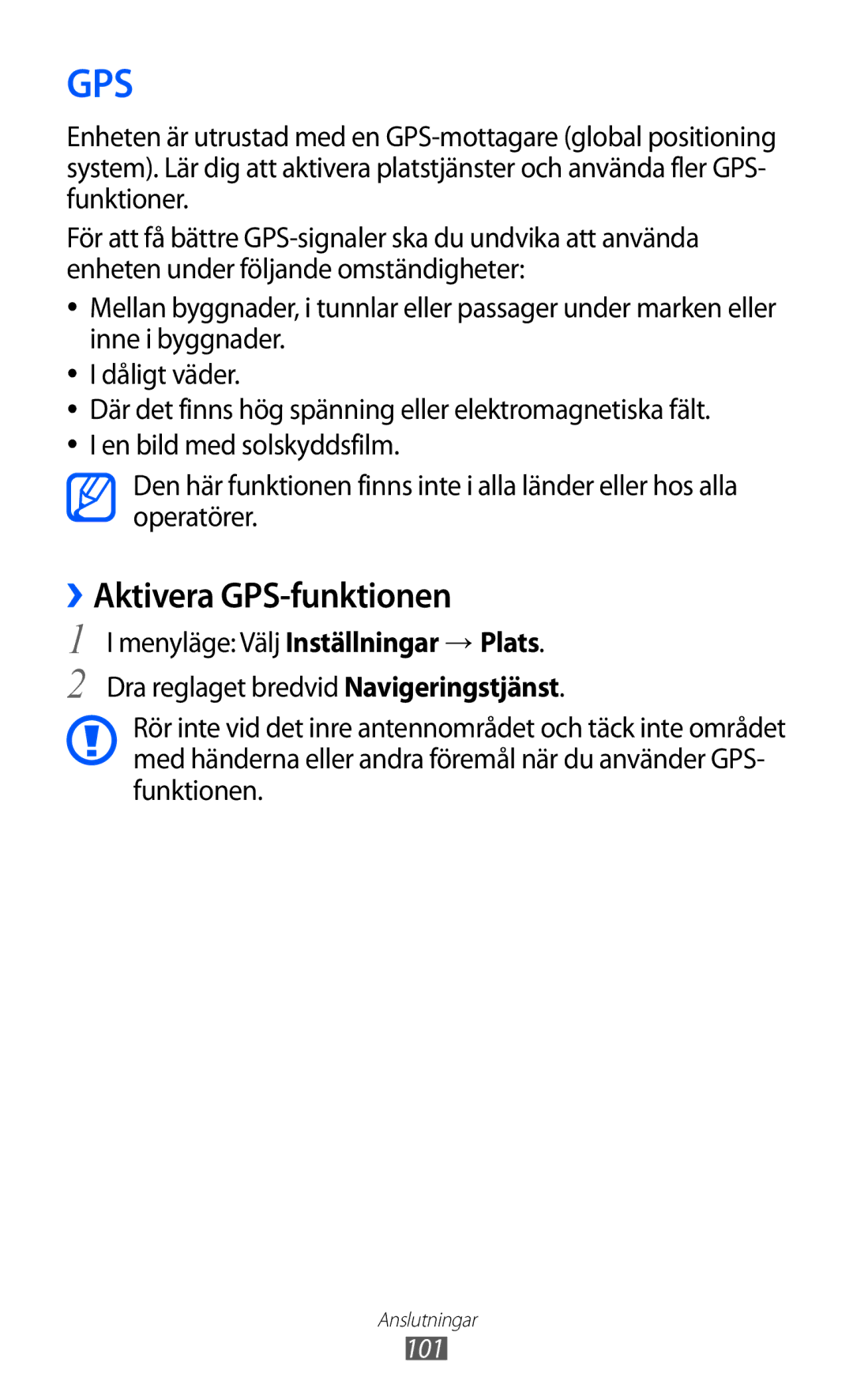 Samsung GT-S8600HKANEE manual ››Aktivera GPS-funktionen, Menyläge Välj Inställningar → Plats 