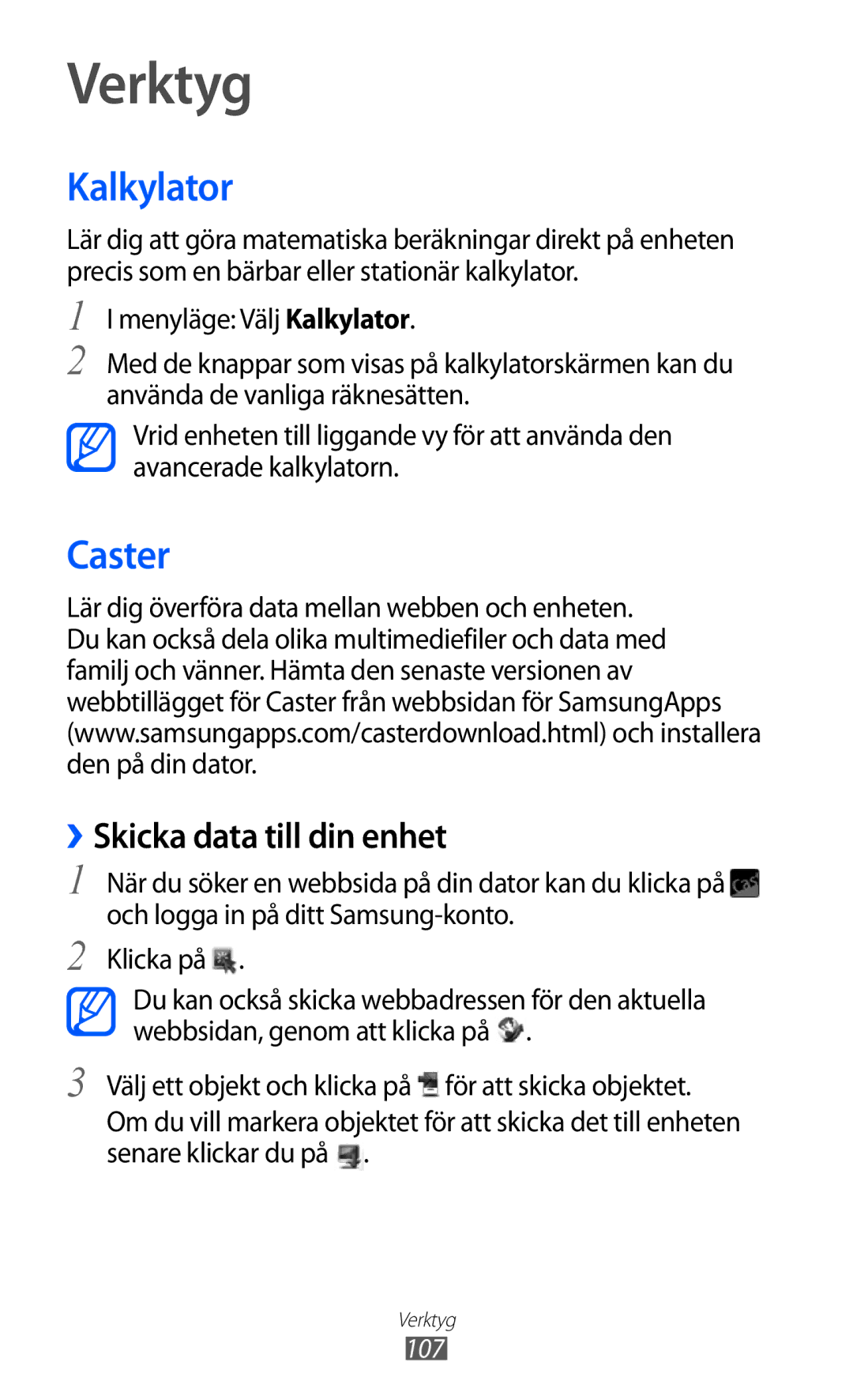 Samsung GT-S8600HKANEE manual Verktyg, Kalkylator, Caster, ››Skicka data till din enhet 