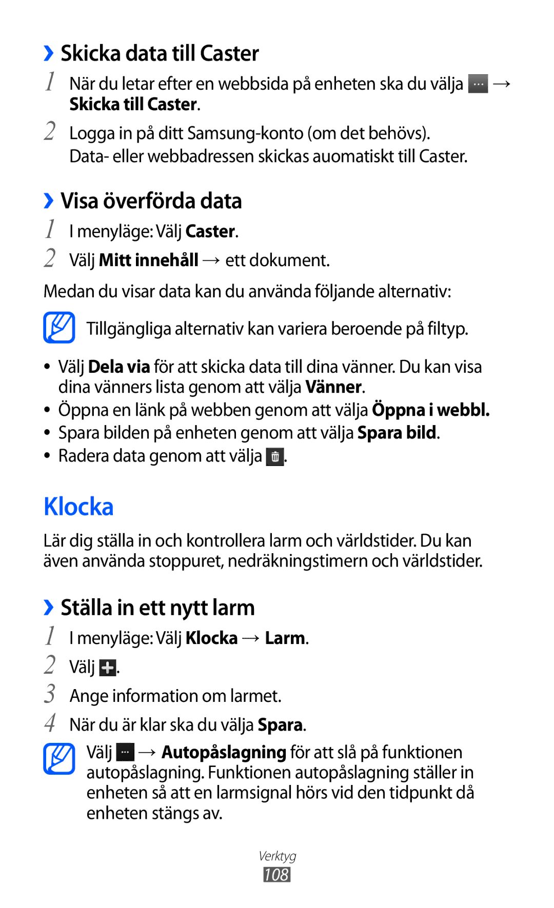 Samsung GT-S8600HKANEE manual Klocka, ››Skicka data till Caster, ››Visa överförda data, ››Ställa in ett nytt larm 