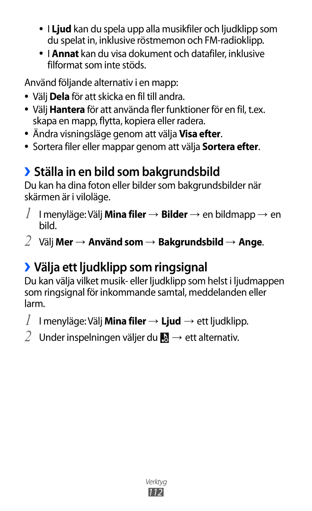 Samsung GT-S8600HKANEE manual ››Ställa in en bild som bakgrundsbild, ››Välja ett ljudklipp som ringsignal 