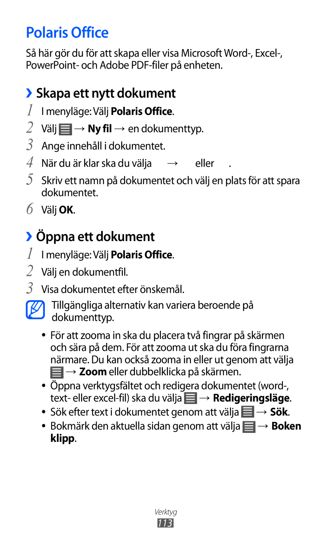 Samsung GT-S8600HKANEE manual Polaris Office, Öppna ett dokument, → Sök, Klipp 