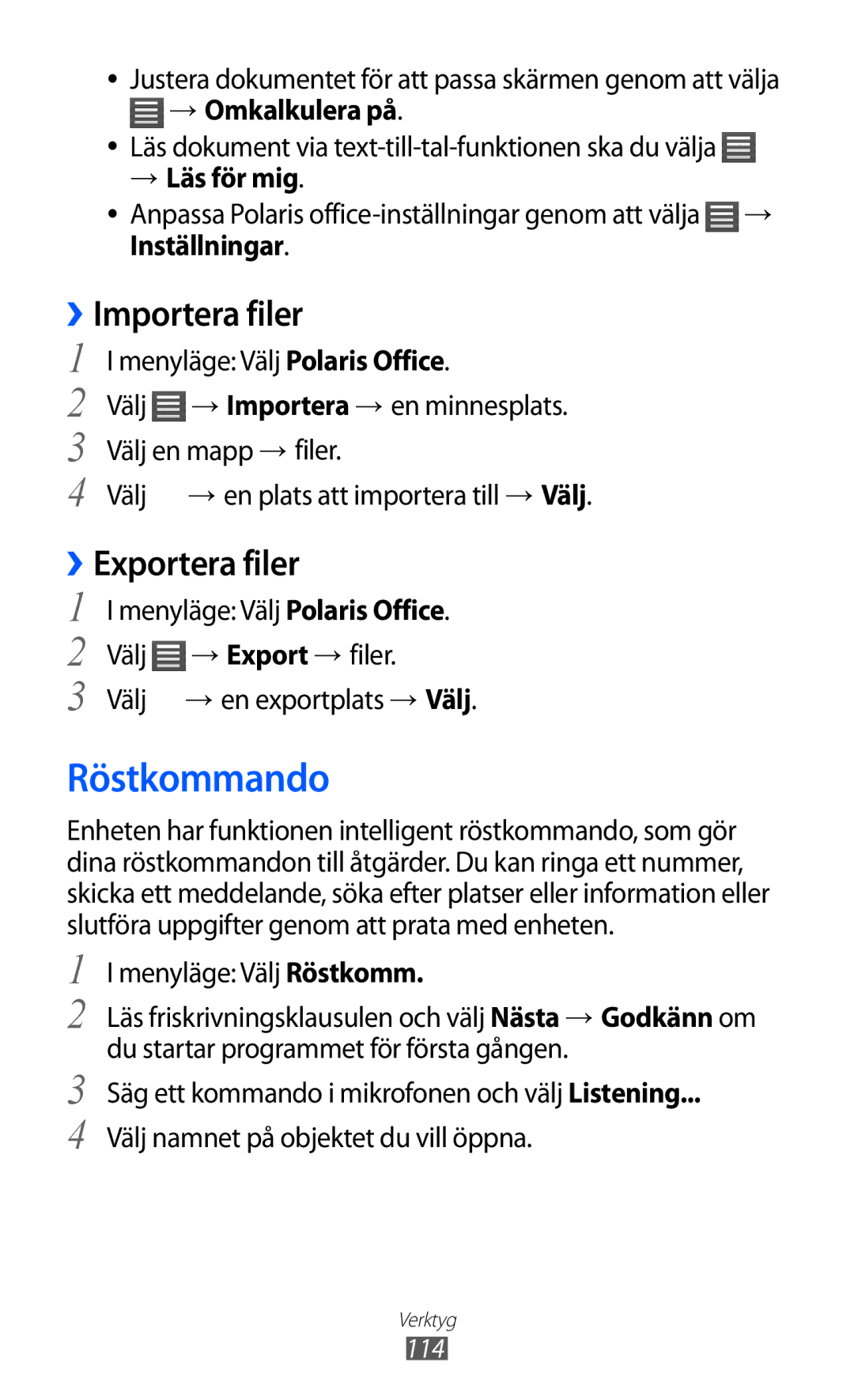 Samsung GT-S8600HKANEE manual Röstkommando, ››Importera filer, ››Exportera filer 