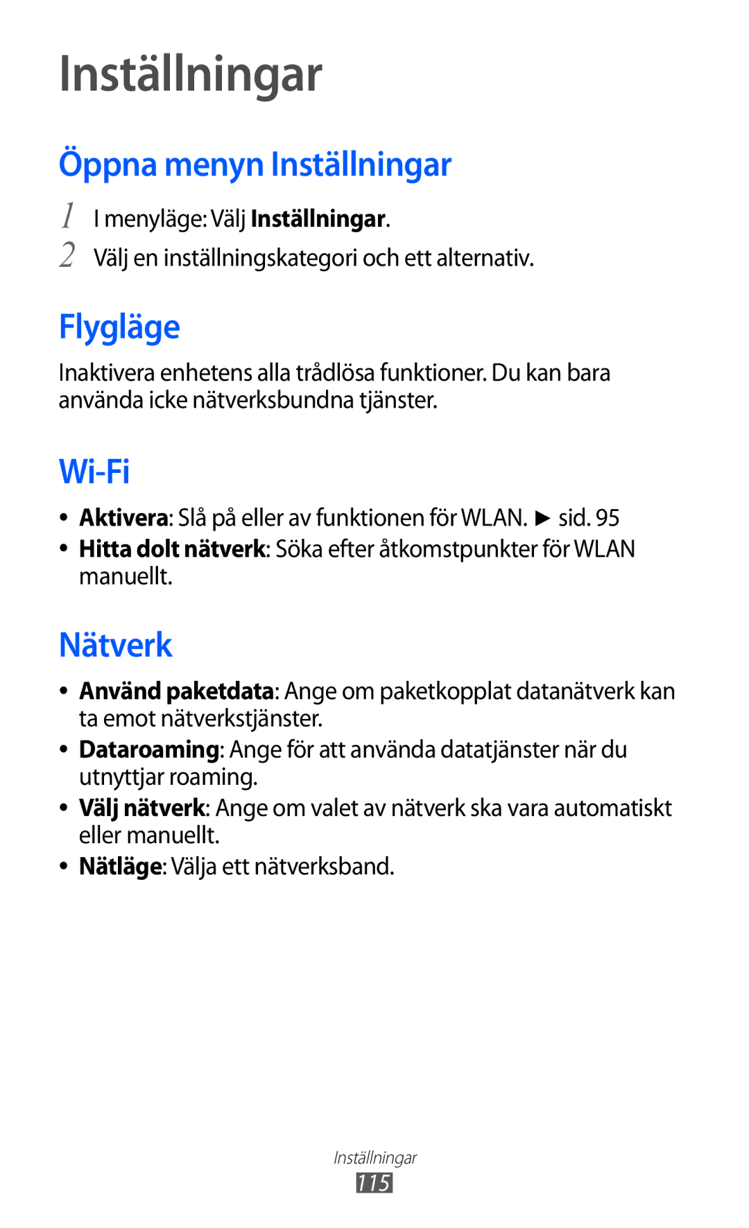 Samsung GT-S8600HKANEE manual Öppna menyn Inställningar, Flygläge, Nätverk 