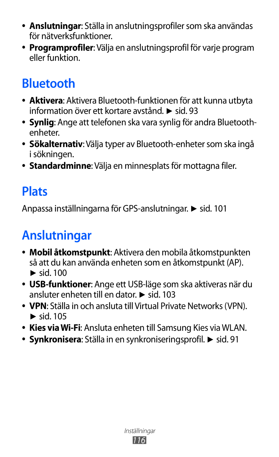 Samsung GT-S8600HKANEE manual Plats, Anslutningar, Anpassa inställningarna för GPS-anslutningar. sid, Sid 