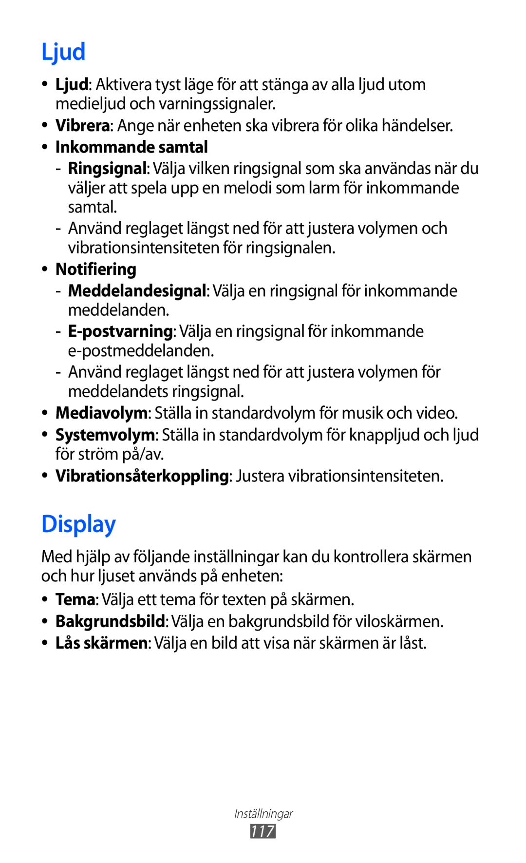 Samsung GT-S8600HKANEE manual Ljud, Display, Notifiering 