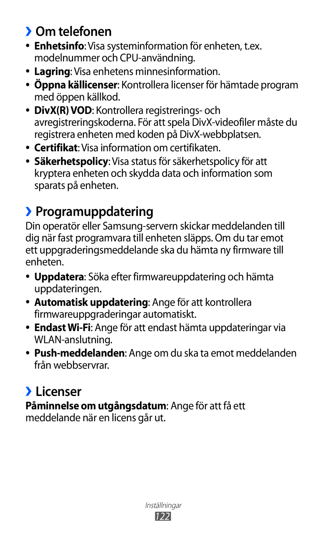 Samsung GT-S8600HKANEE manual ››Om telefonen, ››Programuppdatering, ››Licenser, Certifikat Visa information om certifikaten 