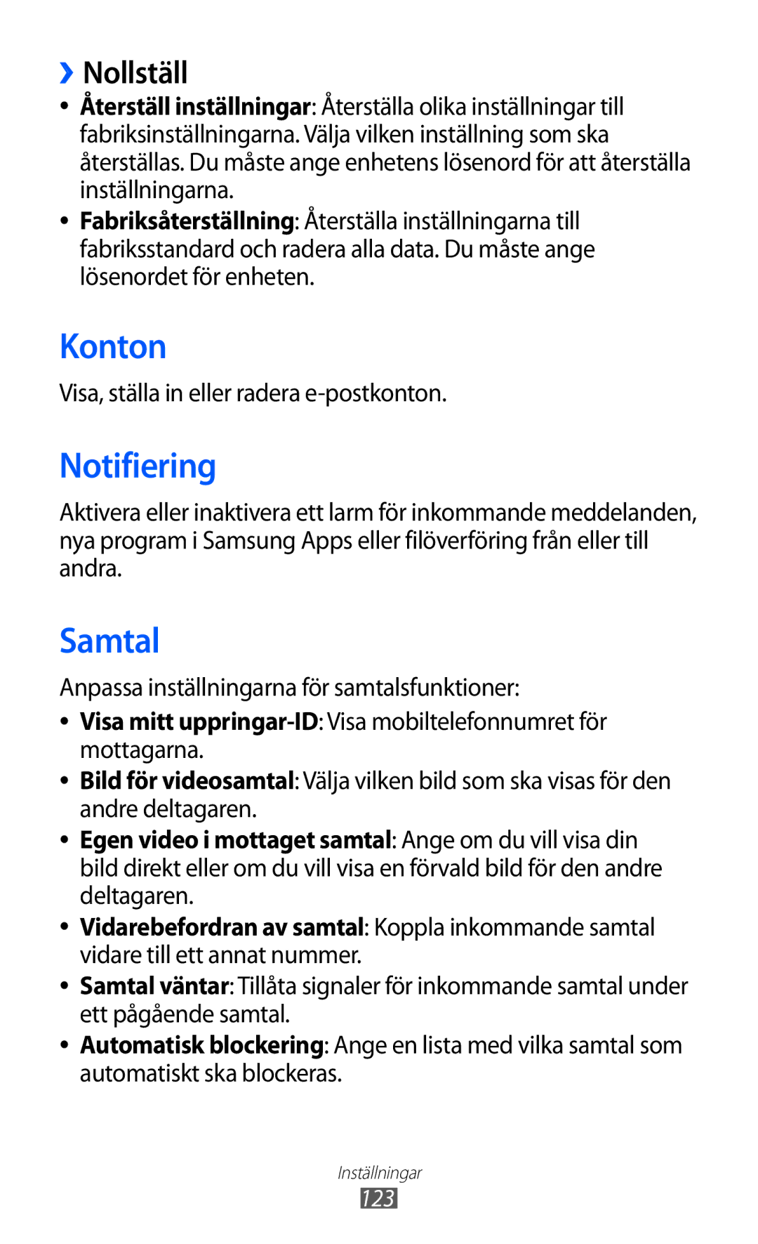 Samsung GT-S8600HKANEE manual Konton, Notifiering, ››Nollställ, Visa, ställa in eller radera e-postkonton 