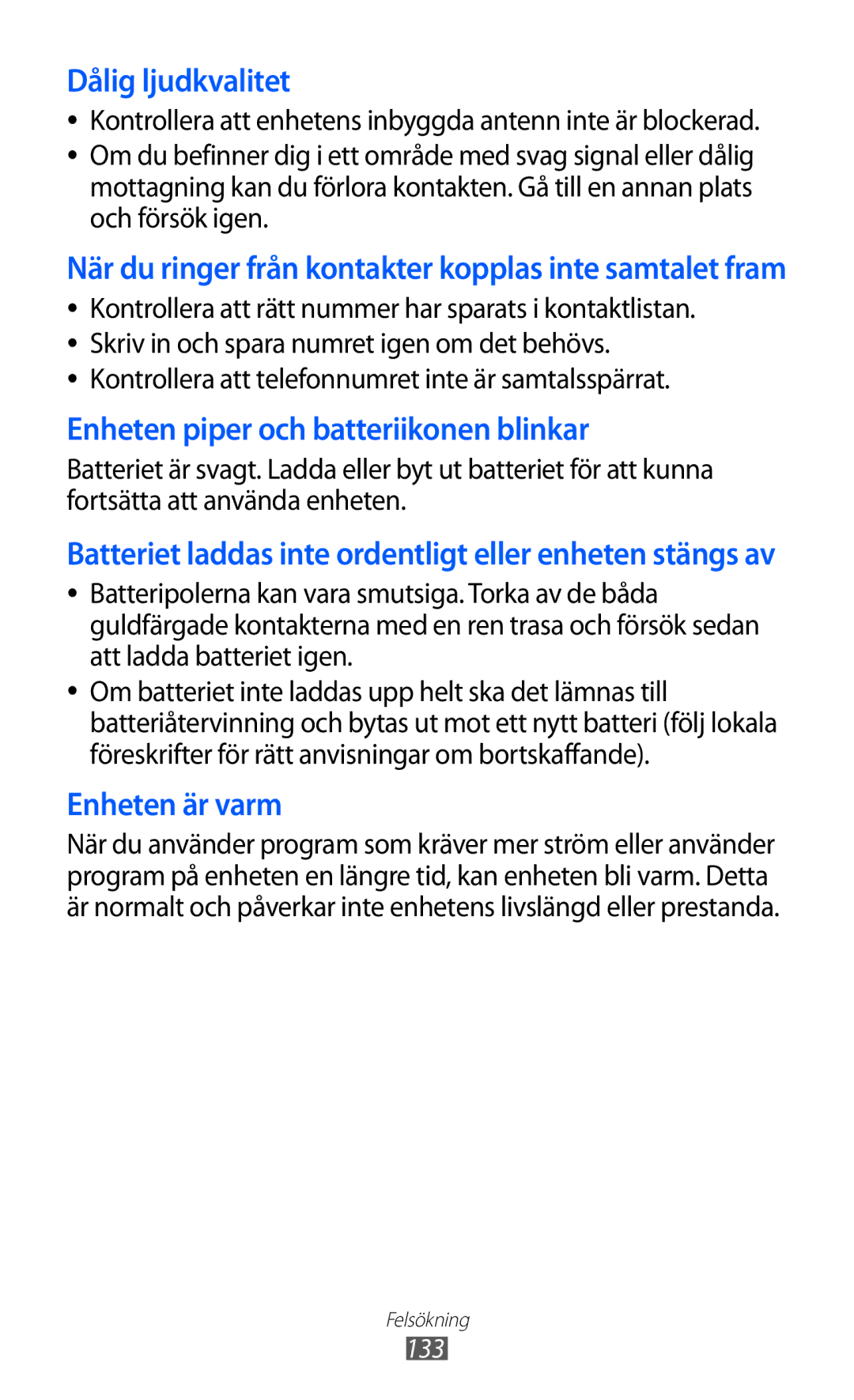 Samsung GT-S8600HKANEE manual Dålig ljudkvalitet 