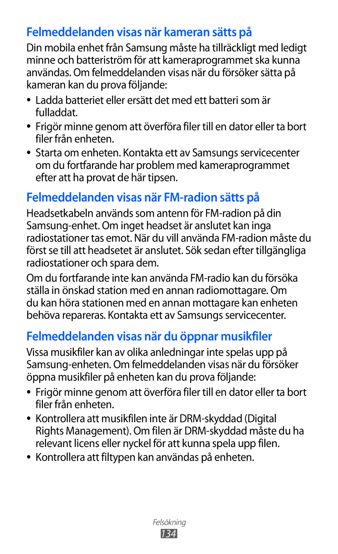 Samsung GT-S8600HKANEE manual Felmeddelanden visas när kameran sätts på, Kontrollera att filtypen kan användas på enheten 