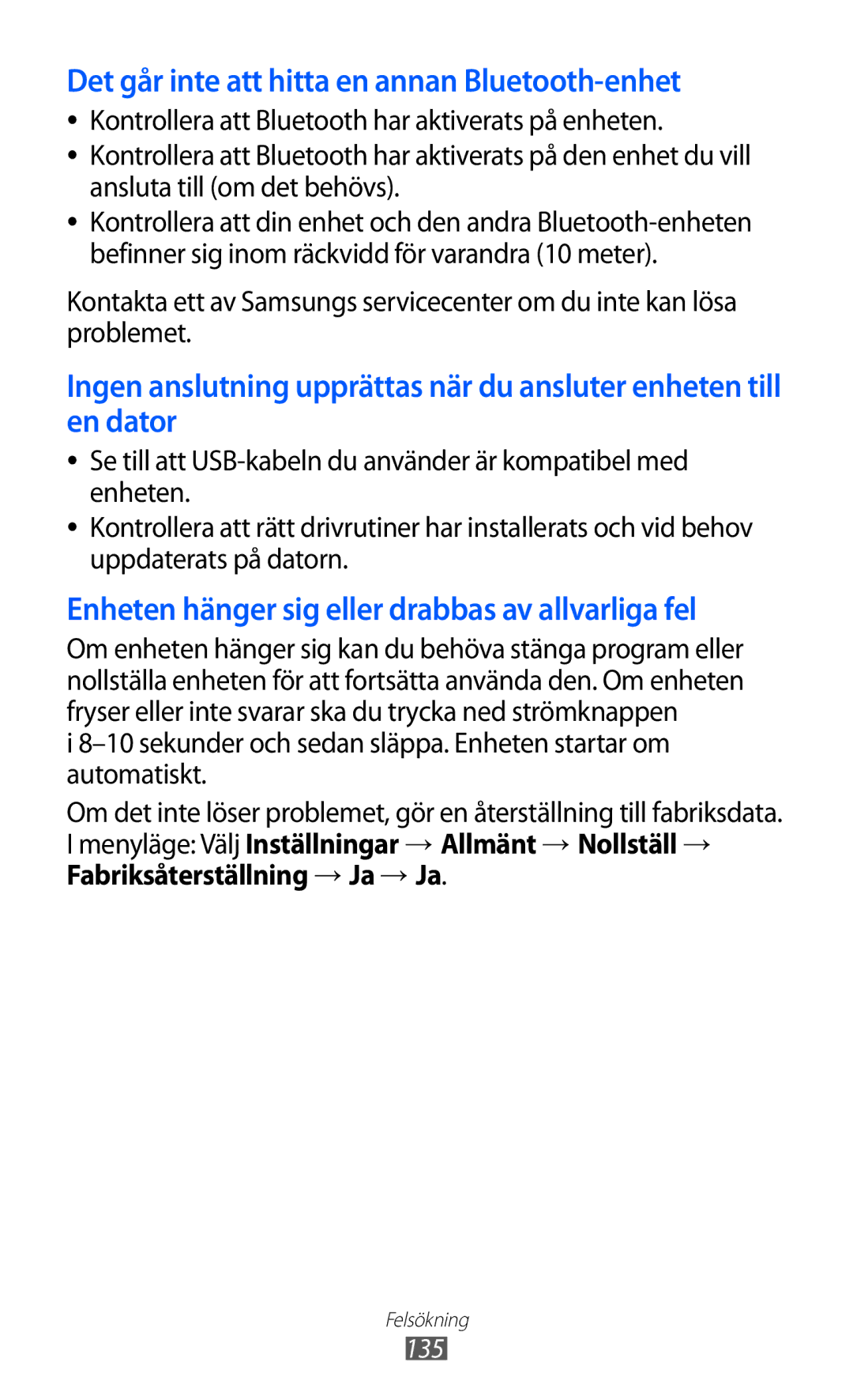 Samsung GT-S8600HKANEE manual Det går inte att hitta en annan Bluetooth-enhet 