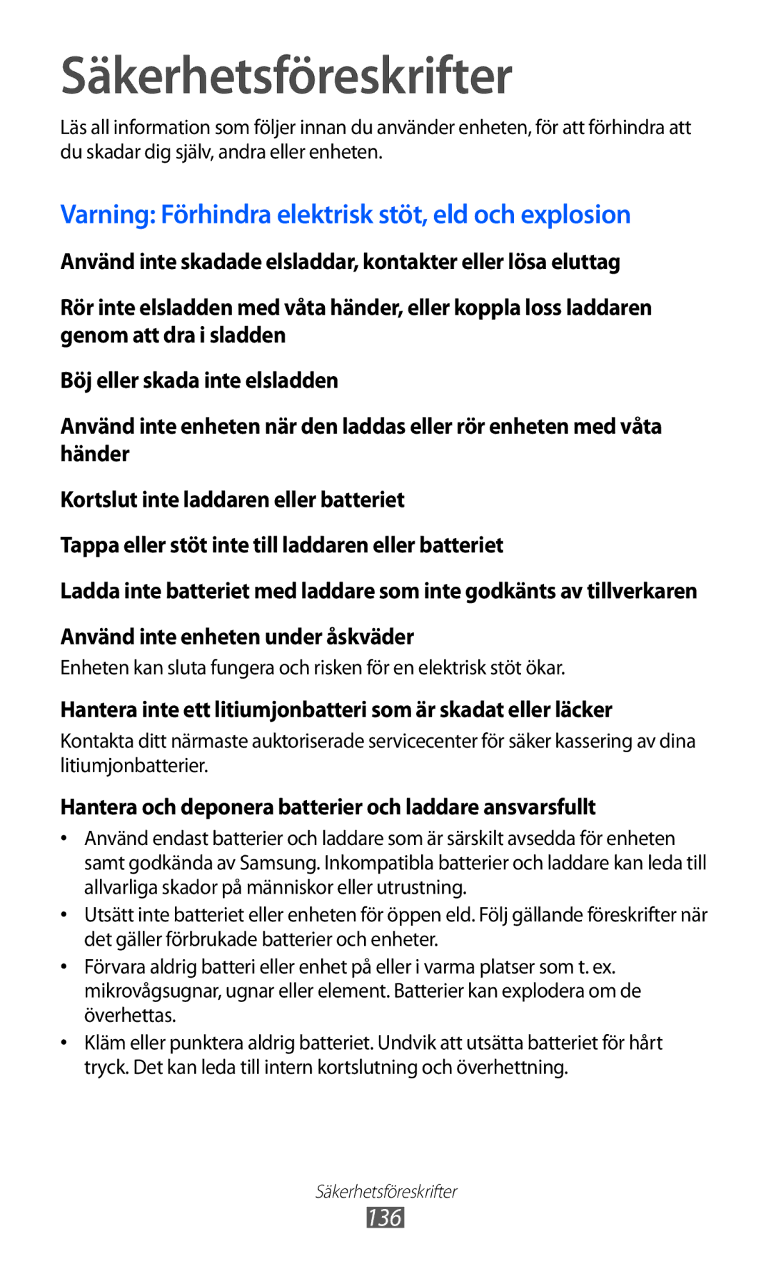 Samsung GT-S8600HKANEE manual Säkerhetsföreskrifter, Varning Förhindra elektrisk stöt, eld och explosion 