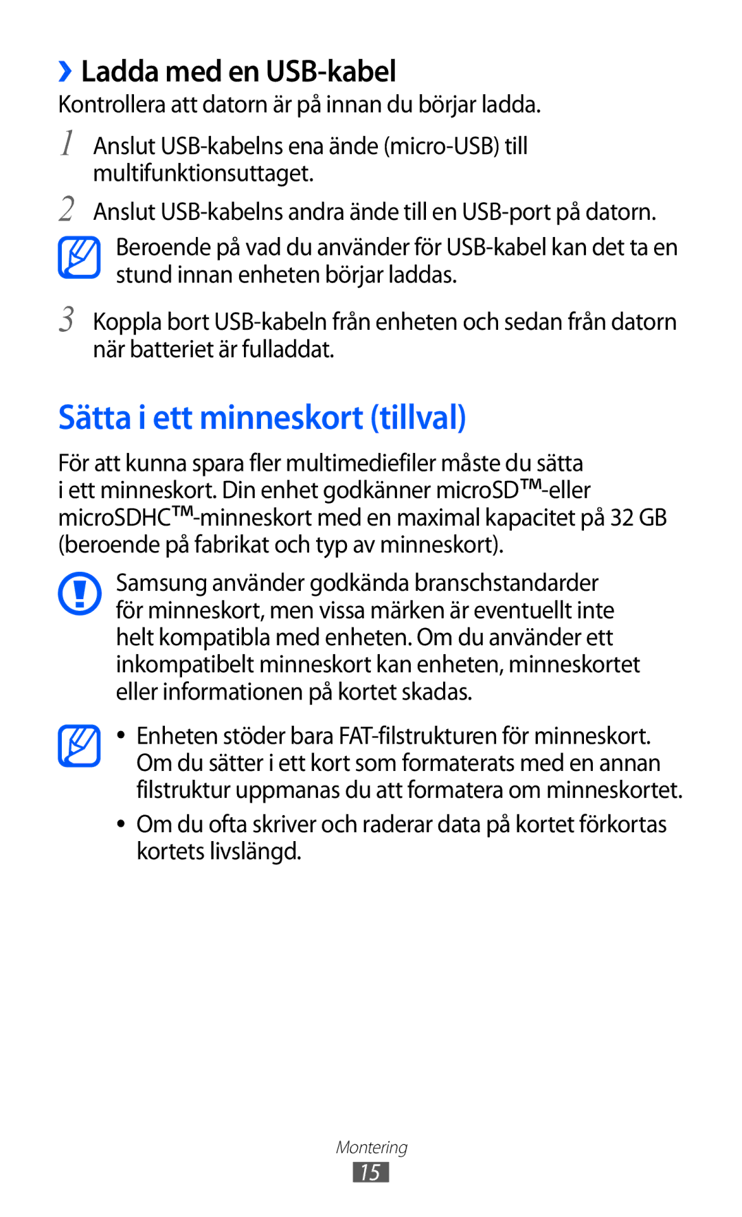 Samsung GT-S8600HKANEE manual Sätta i ett minneskort tillval, ››Ladda med en USB-kabel 