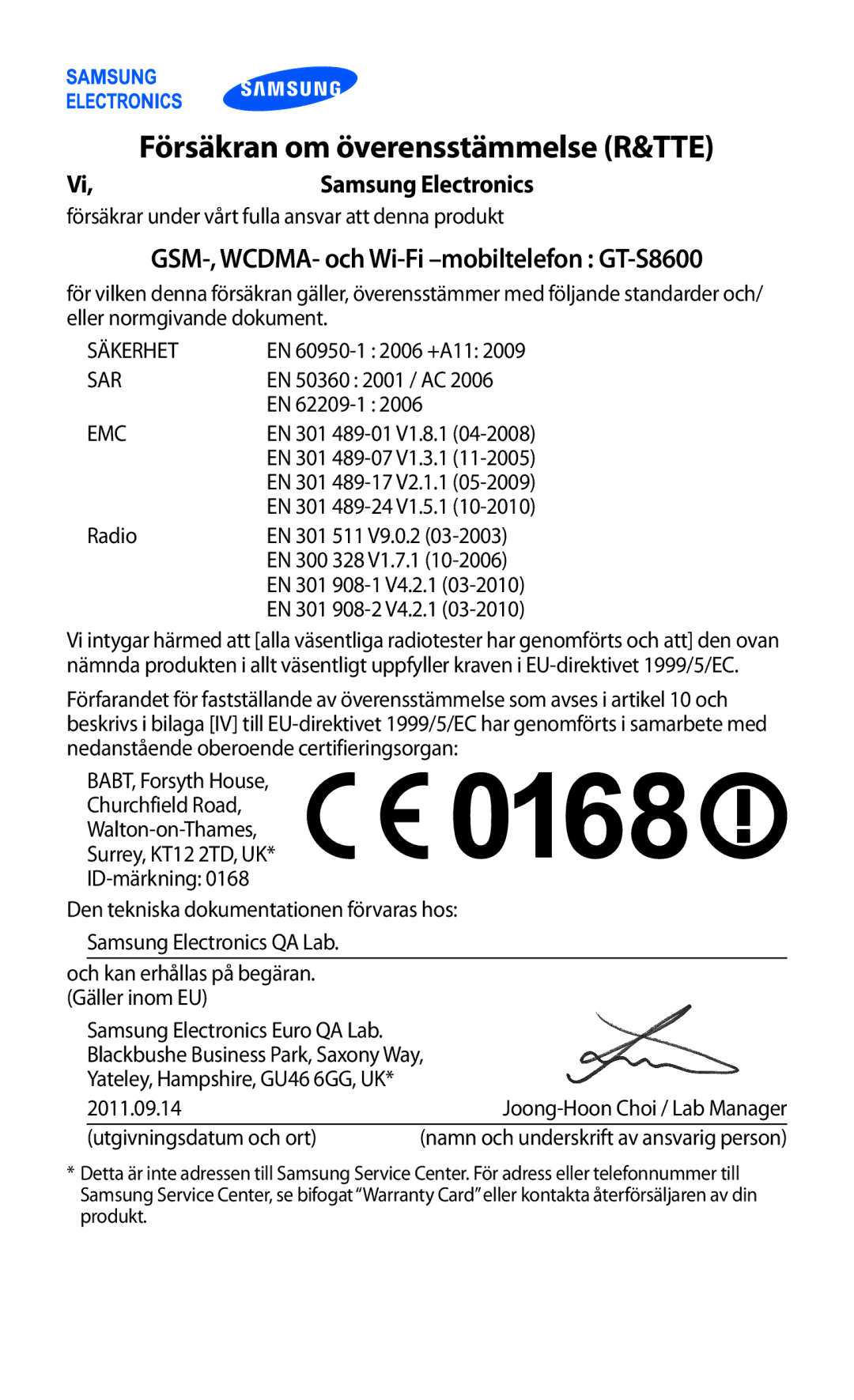 Samsung GT-S8600HKANEE manual Försäkran om överensstämmelse R&TTE 