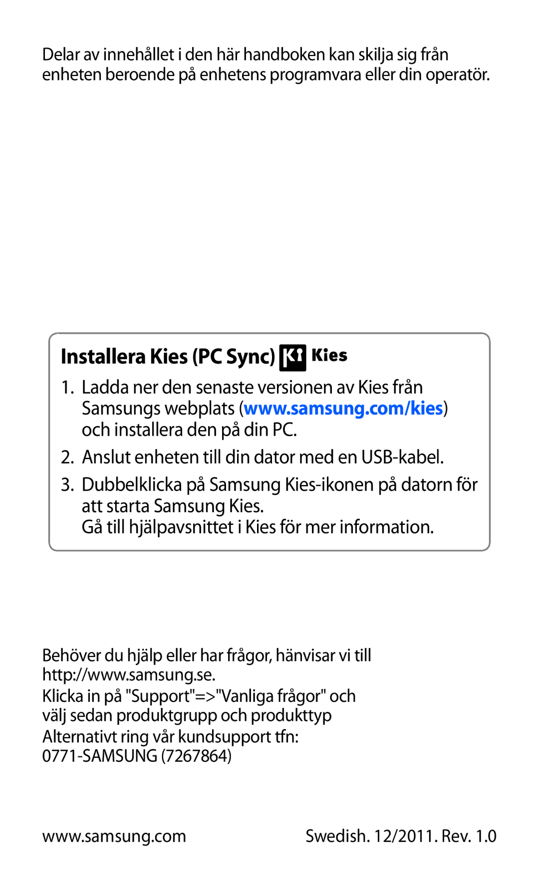 Samsung GT-S8600HKANEE manual Installera Kies PC Sync, Samsung 