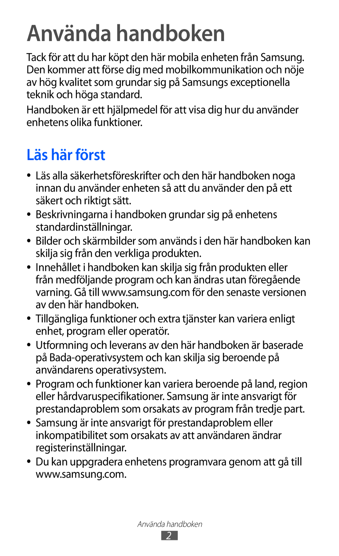 Samsung GT-S8600HKANEE manual Använda handboken, Läs här först 