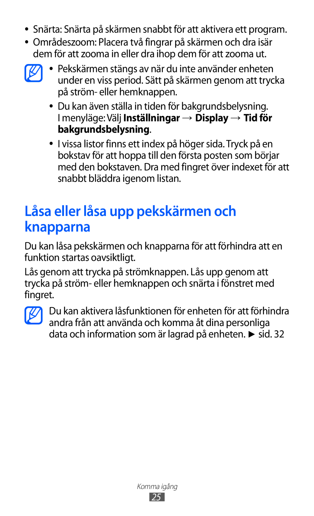 Samsung GT-S8600HKANEE manual Låsa eller låsa upp pekskärmen och knapparna 