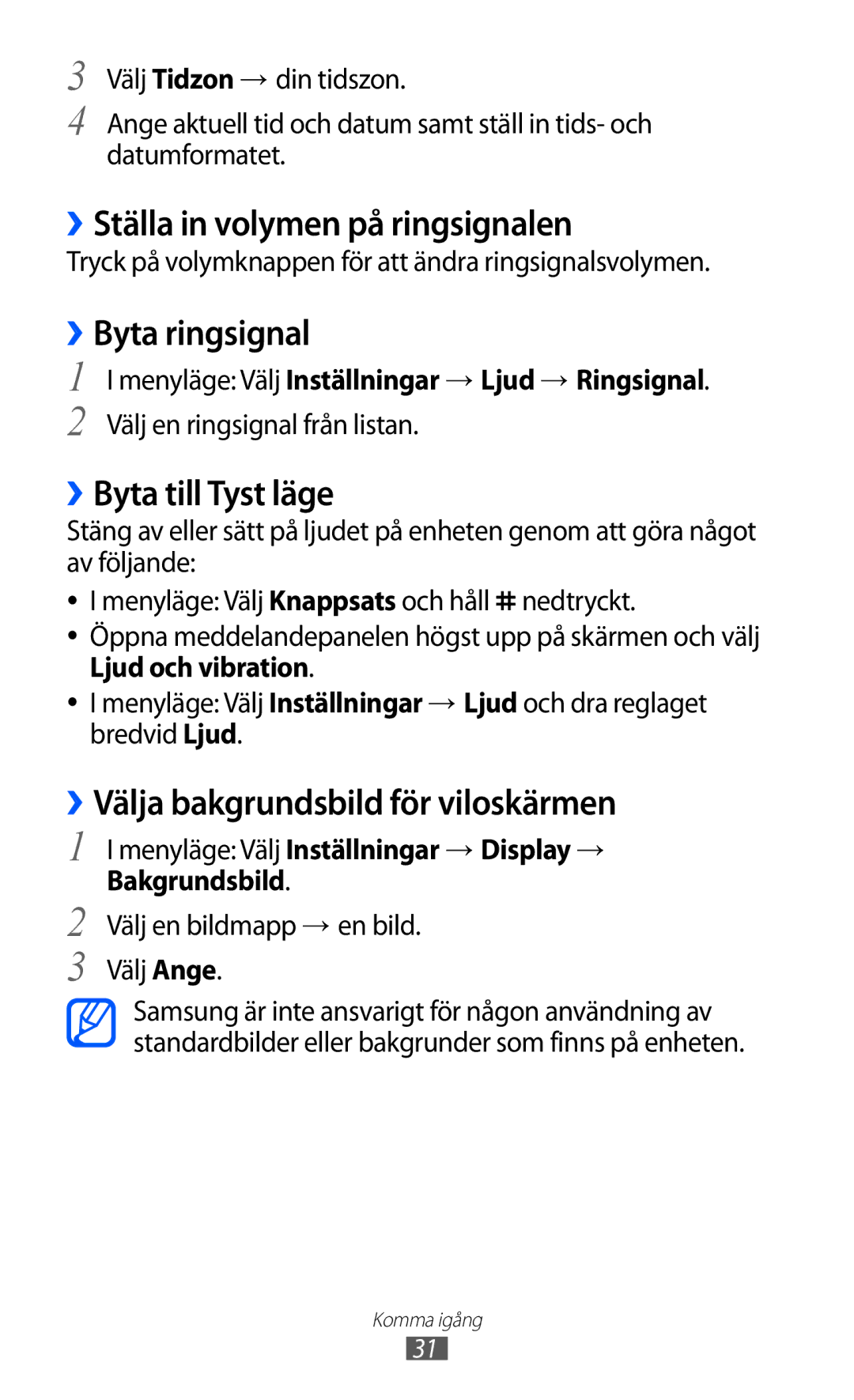 Samsung GT-S8600HKANEE manual ››Ställa in volymen på ringsignalen, ››Byta ringsignal, ››Byta till Tyst läge 