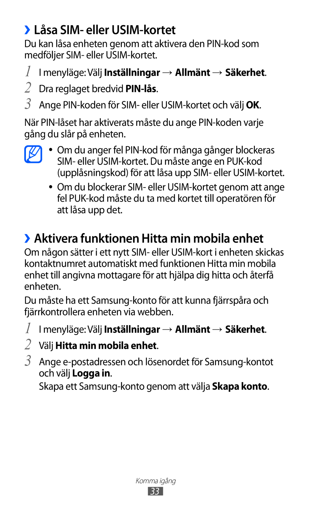 Samsung GT-S8600HKANEE manual ››Låsa SIM- eller USIM-kortet, ››Aktivera funktionen Hitta min mobila enhet 