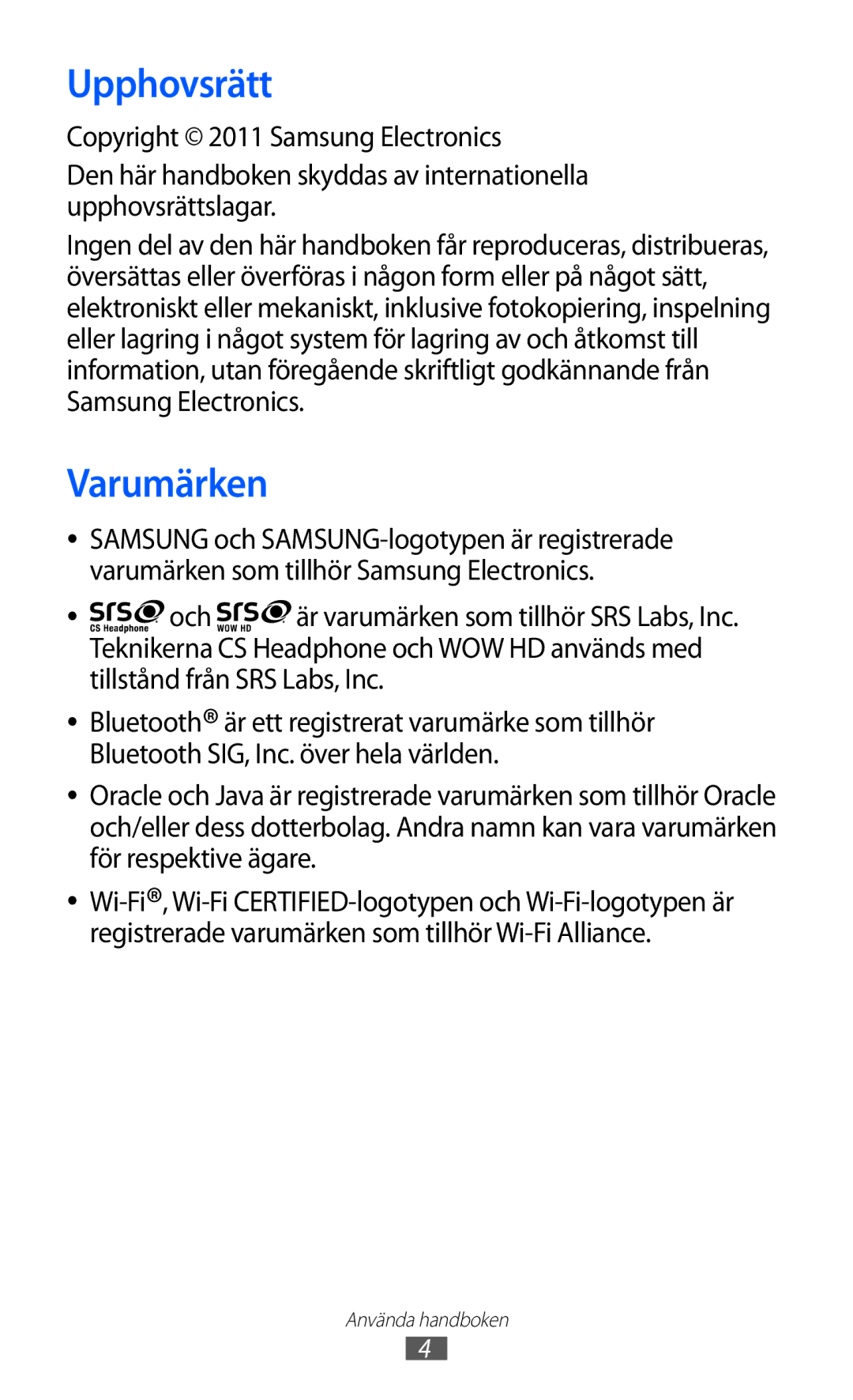 Samsung GT-S8600HKANEE manual Upphovsrätt, Varumärken 