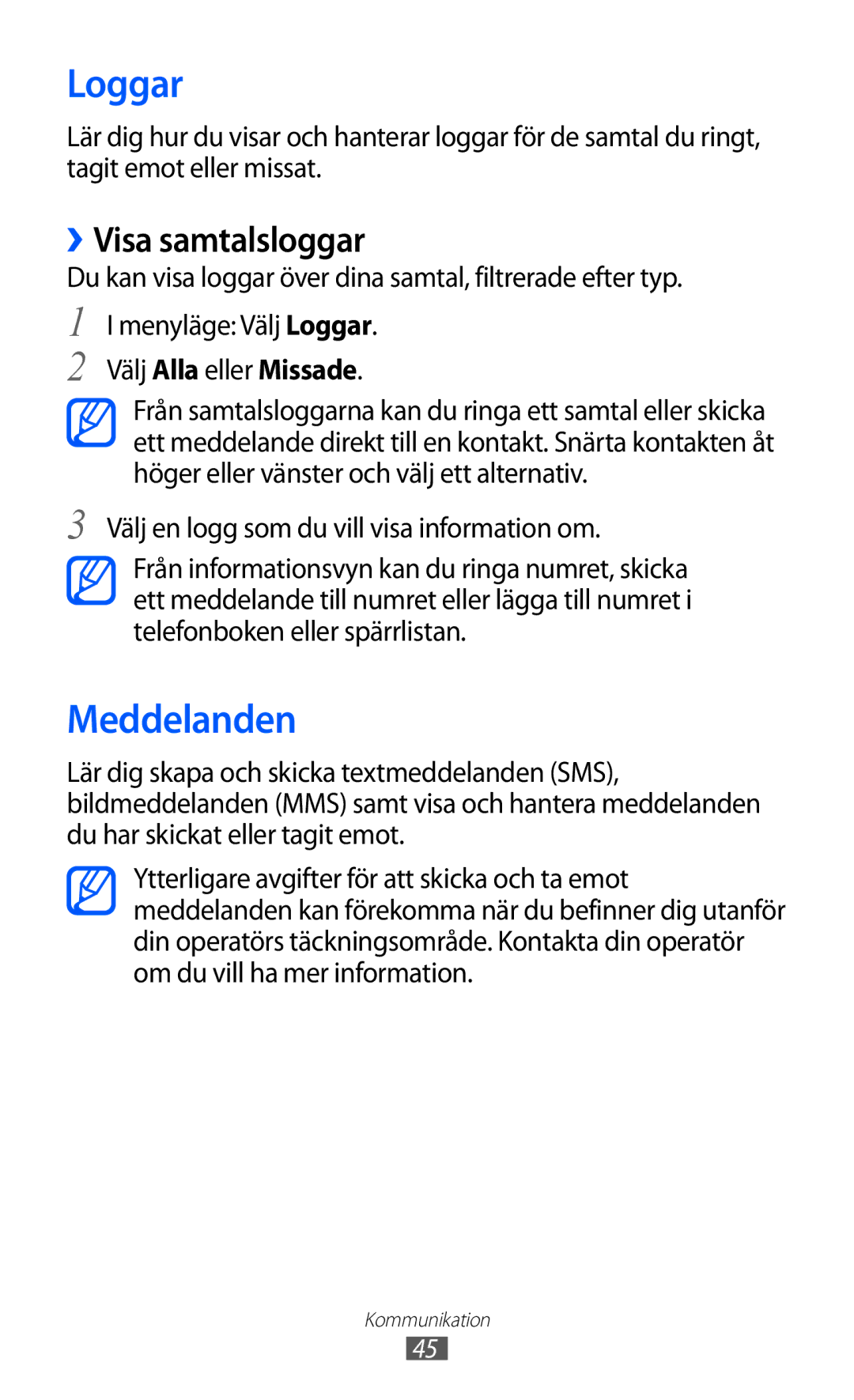 Samsung GT-S8600HKANEE manual Loggar, Meddelanden, ››Visa samtalsloggar 