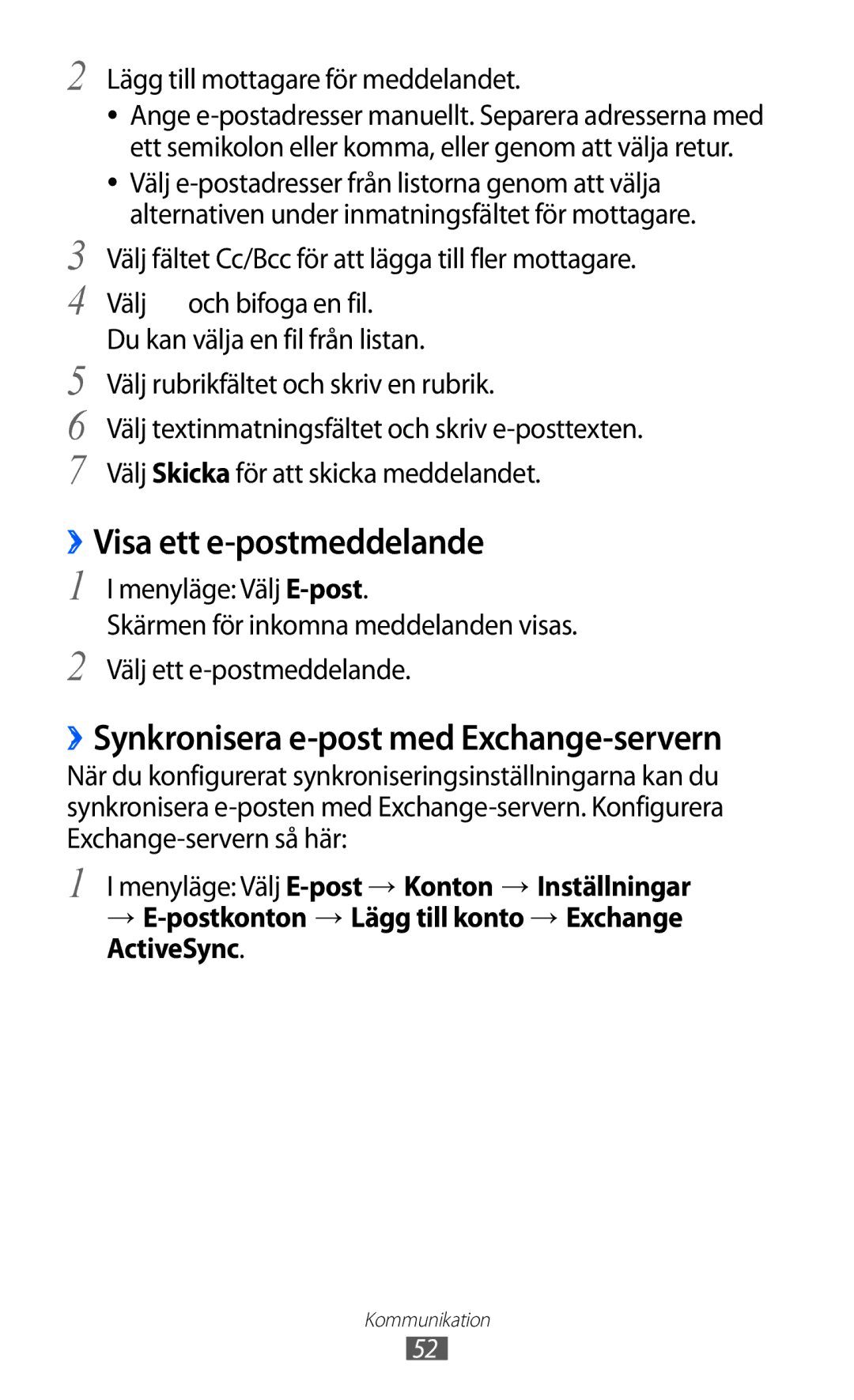 Samsung GT-S8600HKANEE manual ››Visa ett e-postmeddelande, ››Synkronisera e-post med Exchange-servern 