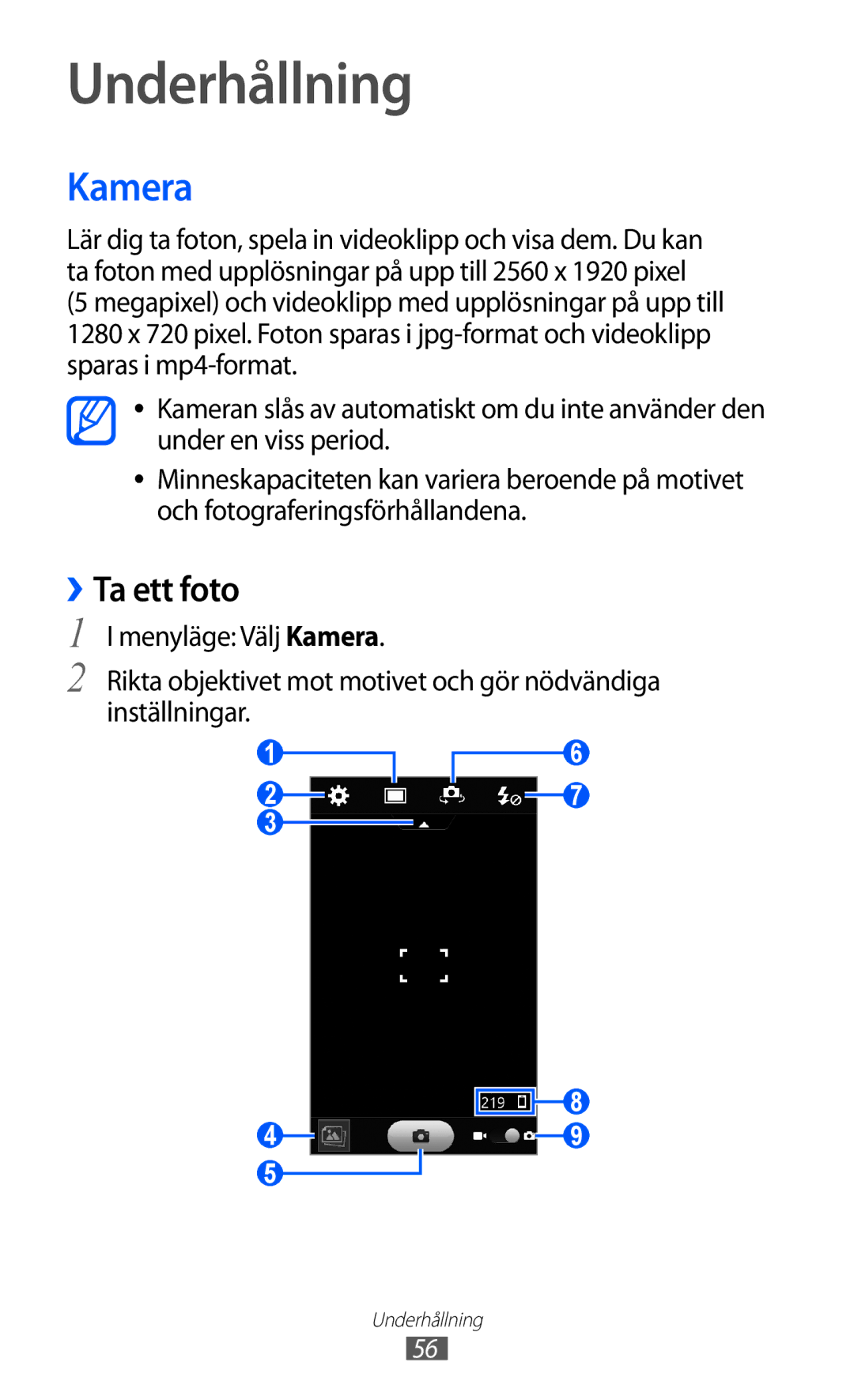 Samsung GT-S8600HKANEE manual Underhållning, Kamera, ››Ta ett foto 