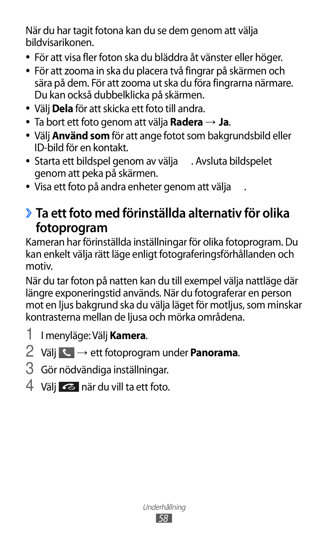 Samsung GT-S8600HKANEE manual Menyläge Välj Kamera, Välj när du vill ta ett foto 