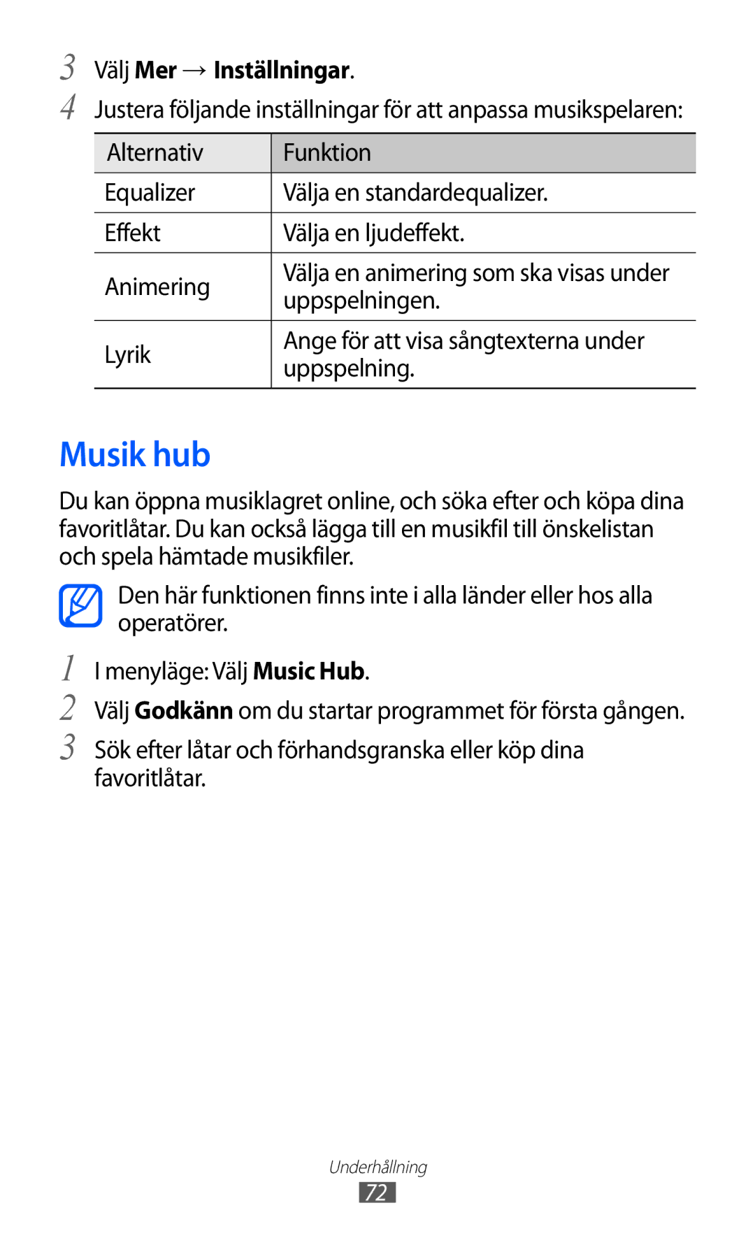 Samsung GT-S8600HKANEE manual Musik hub, Välj Mer → Inställningar, Uppspelningen 