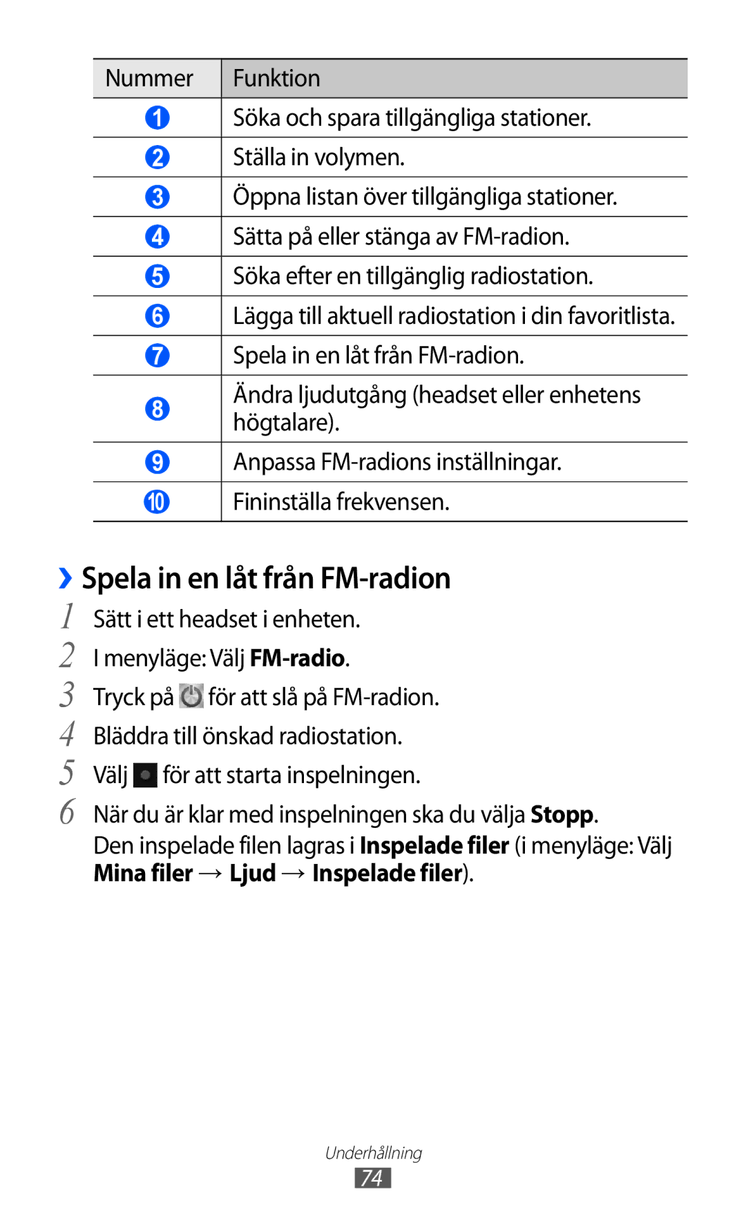 Samsung GT-S8600HKANEE Spela in en låt från FM-radion, Sätt i ett headset i enheten, Tryck på för att slå på FM-radion 