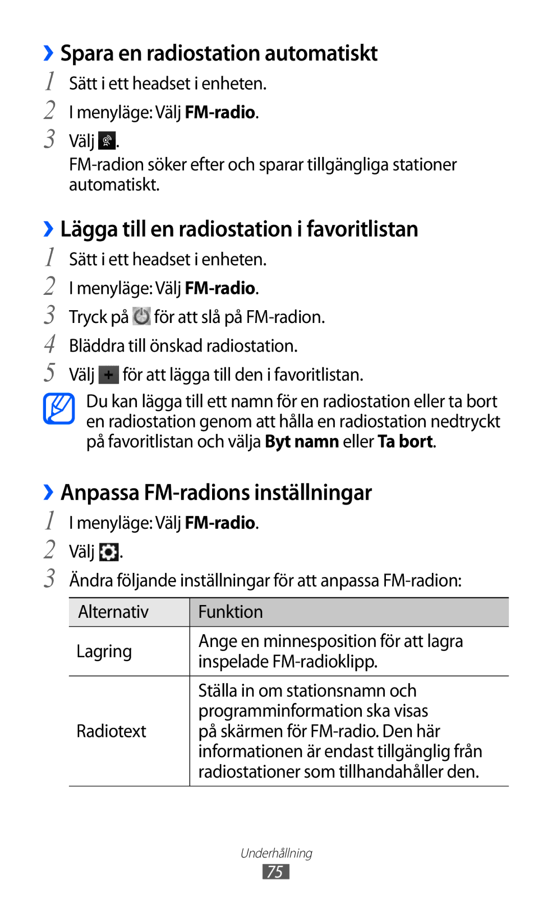 Samsung GT-S8600HKANEE manual ››Spara en radiostation automatiskt, ››Lägga till en radiostation i favoritlistan 