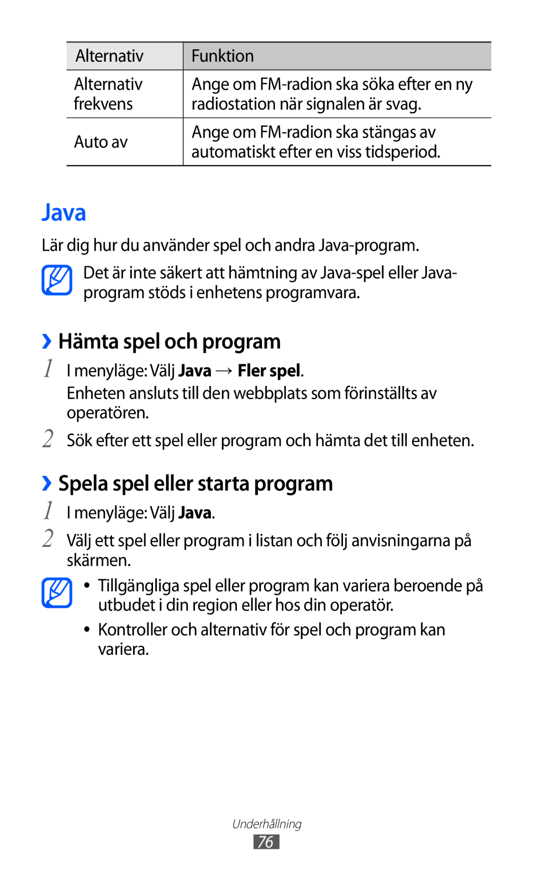 Samsung GT-S8600HKANEE manual Java, ››Hämta spel och program, ››Spela spel eller starta program 