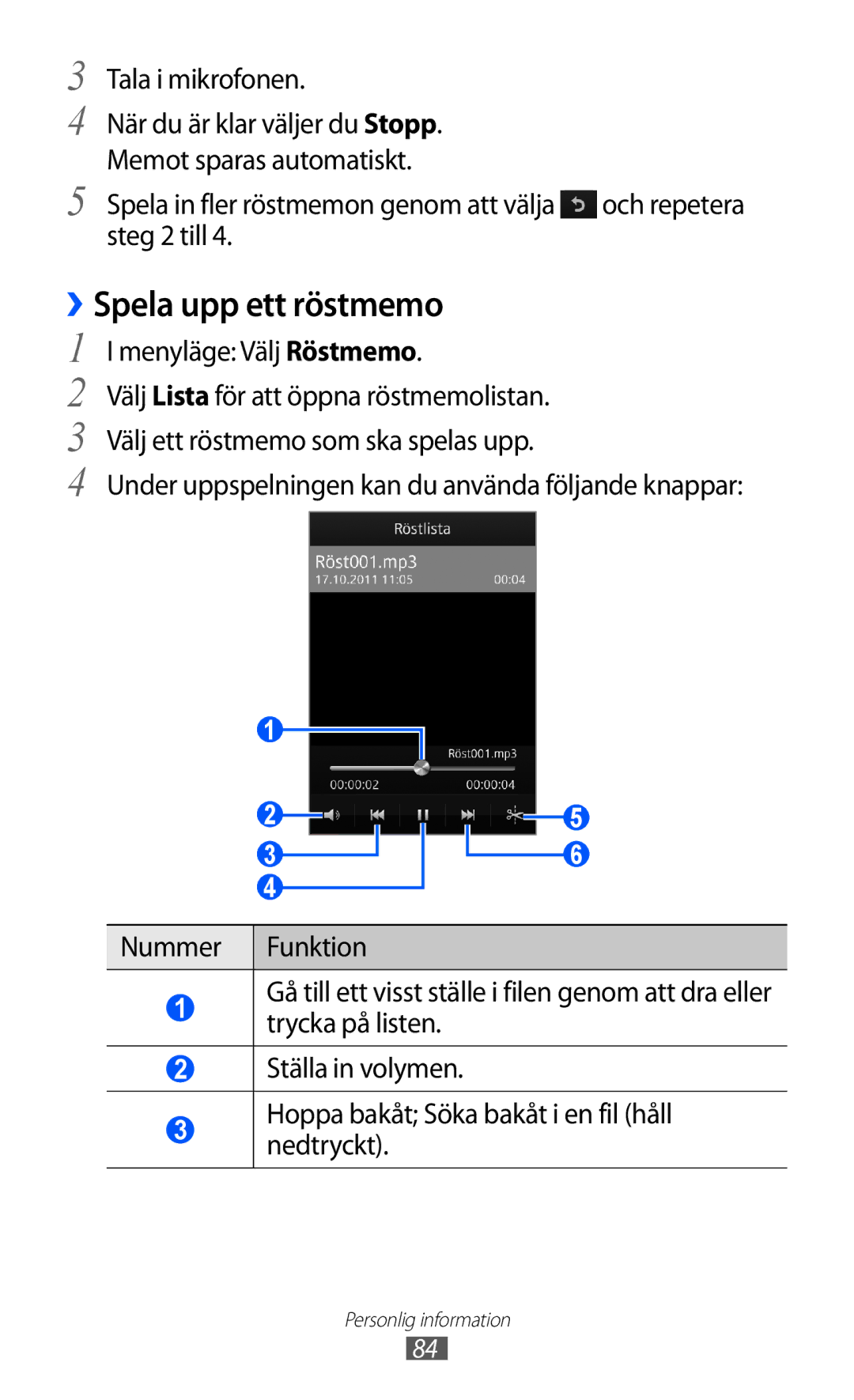 Samsung GT-S8600HKANEE manual ››Spela upp ett röstmemo, Tala i mikrofonen, Menyläge Välj Röstmemo 