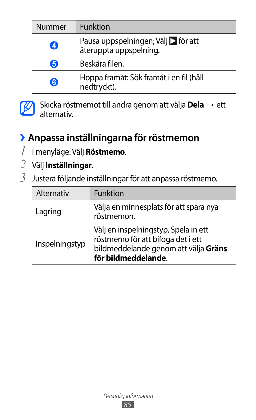 Samsung GT-S8600HKANEE manual ››Anpassa inställningarna för röstmemon, Välj Inställningar, För bildmeddelande 