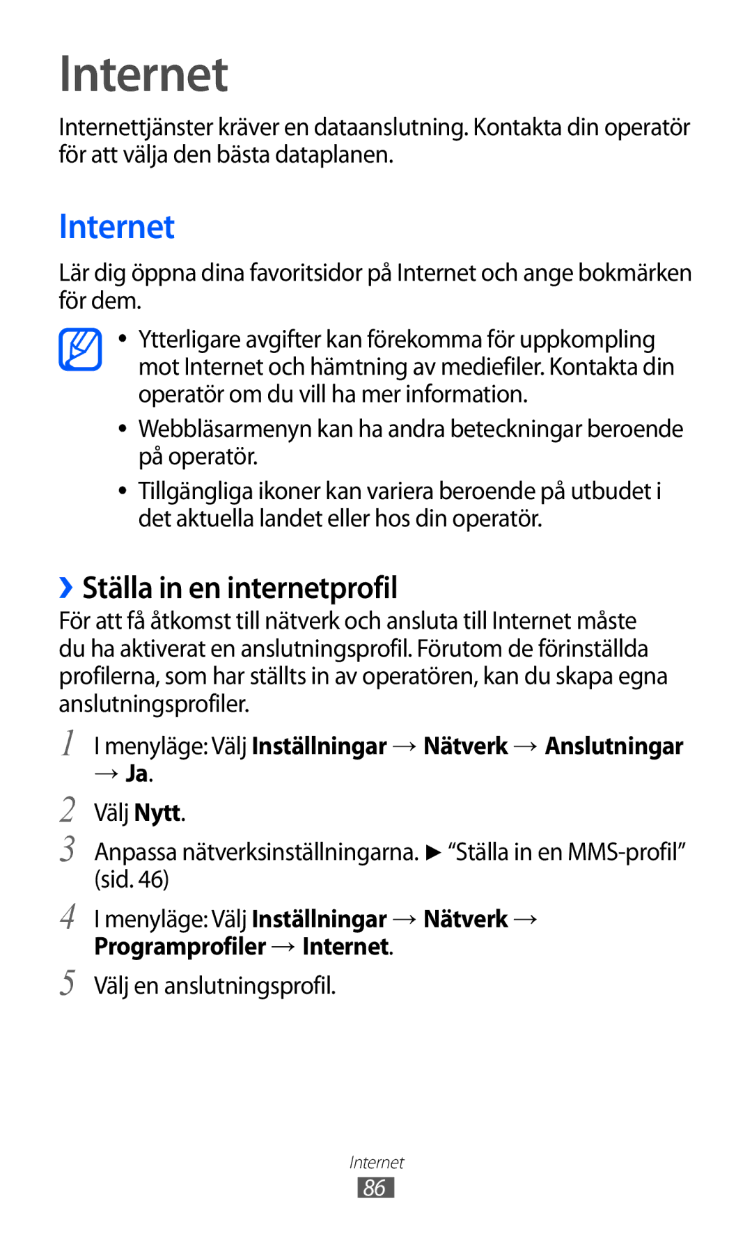 Samsung GT-S8600HKANEE manual Internet, ››Ställa in en internetprofil 